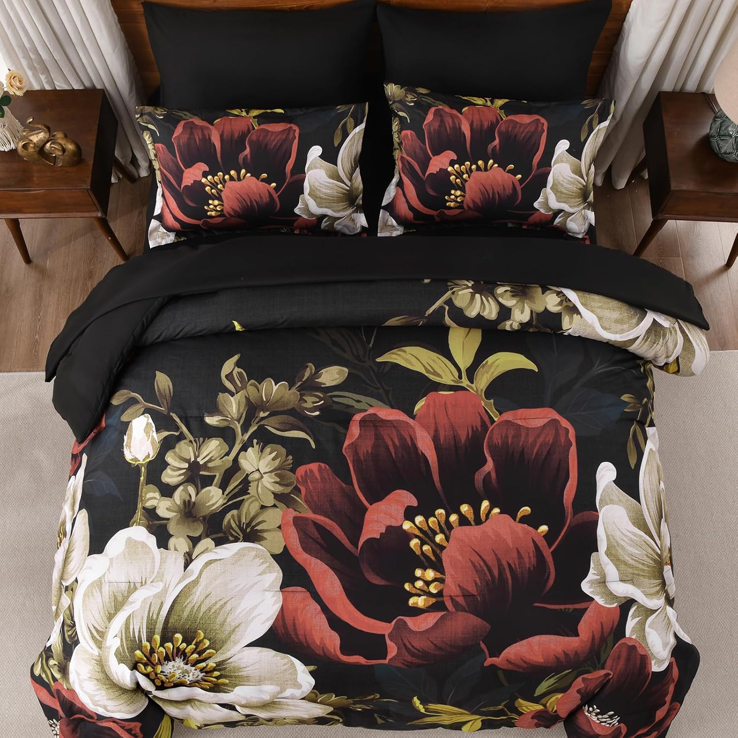 Dintszyayue Black Comforter Set Queen Size, 7 Pieces Floral Bed in a Bag Set, Texture Red Flower Bedding Sets, Soft Microfiber for All Season with Flat Sheet Fitted Sheets Pillowcases and Shams - Image 3