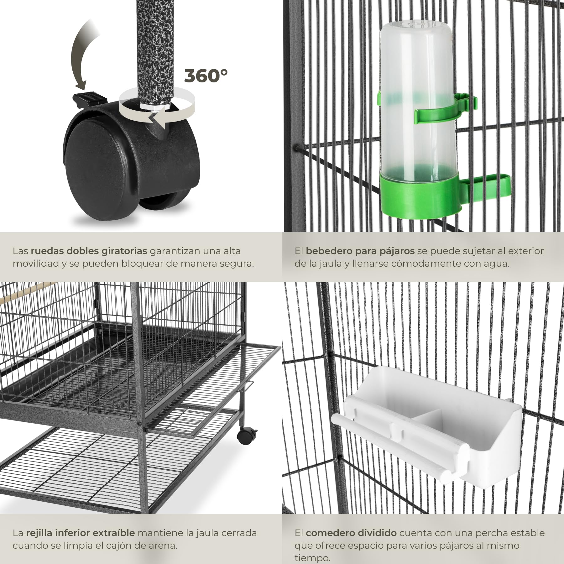 tectake® Pajarera con Ruedas Bloqueables y Bandeja Extraíble, Jaula Pajaros para Loro, Canario, Ninfas y Periquitos, Incluye Comedero, Bebedero y Rejilla Inferior Segura - 78 x 52 x 131 cm