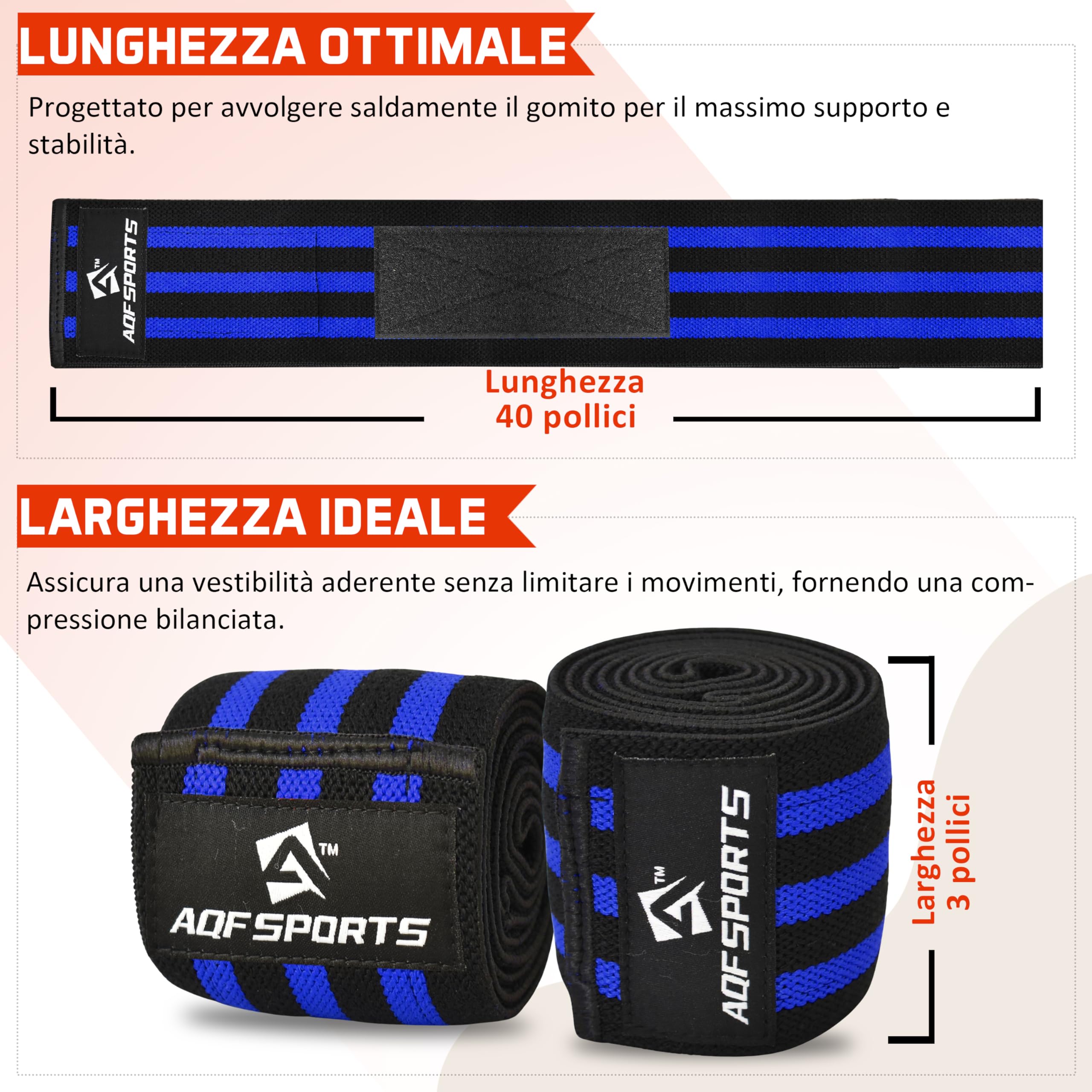 AQF Gomitiere per Sollevamento Pesi (Coppia) 101,6 cm - Fasce Elastiche Supporto Gomito per Powerlifting, Bodybuilding, Panca e Allenamento in Palestra - Fitness Cinghie per Gomito (Nero e Blu)