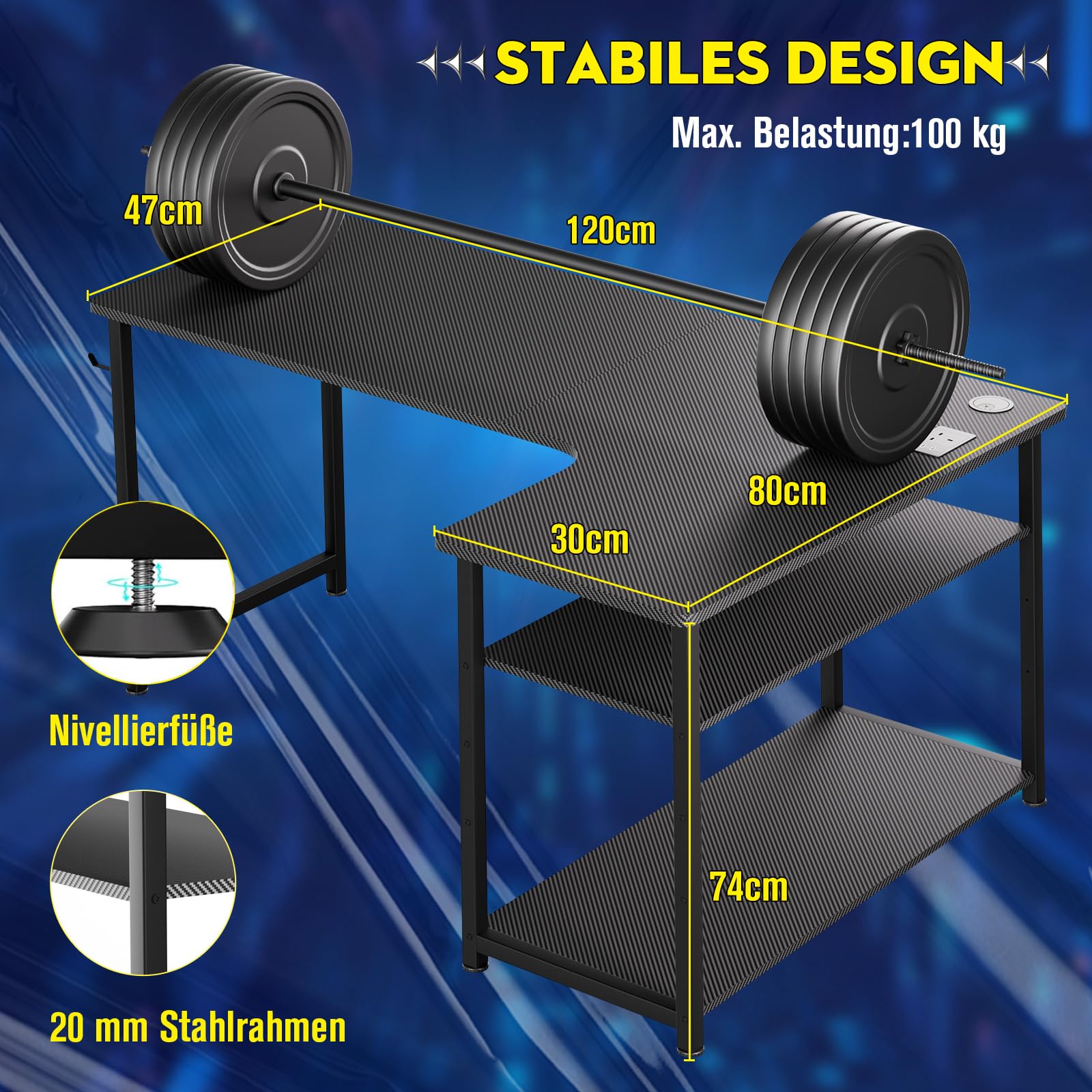 COMHOMA Gaming Tisch mit Steckdose 120 x 80cm Schreibtisch, Eckschreibtisch mit USB-Ladeanschluss und Regal, Computertisch L Form, PC Tisch für Büro, Heimbüro