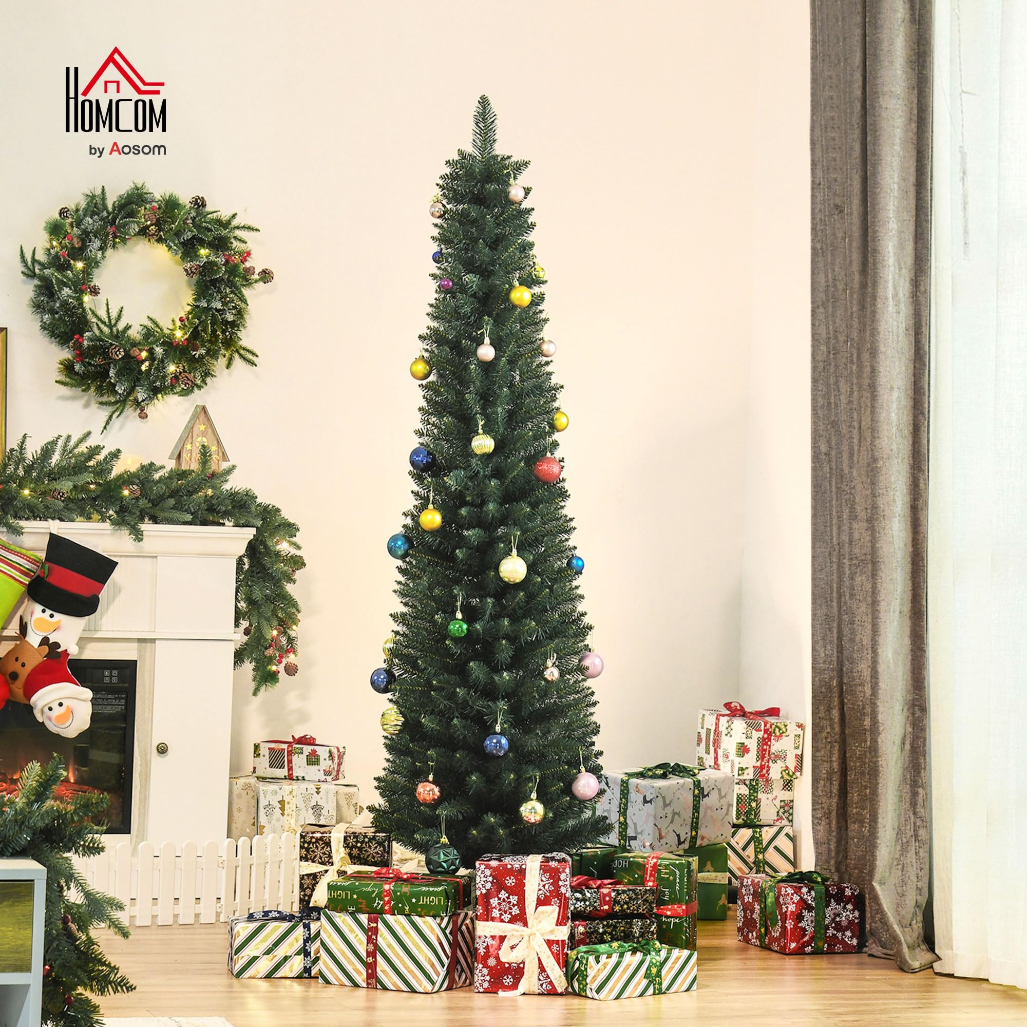 HOMCOM Árbol de Navidad Estrecho 180 cm, Árbol de Navidad Artificial con 380 Ramas, Base Plegable y Soporte Metálico, Fácil Montaje, para Salón, Interior, Verde