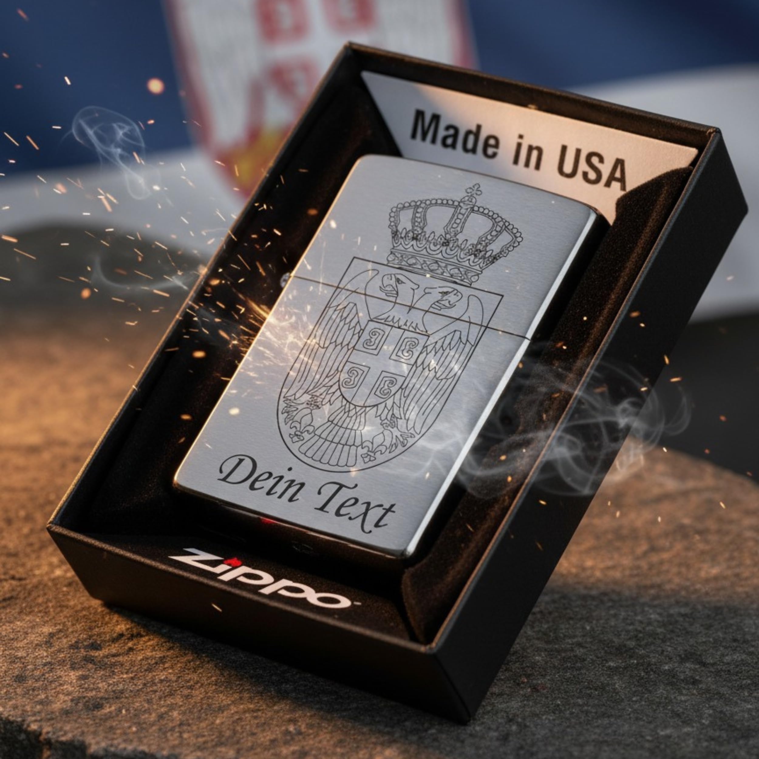Zippo Benzinfeuerzeug Serbien personalisiert mit Lasergravur Personalisieren Dein Text Logo serbische Flagge Wunschtext Sturmfeuerzeug Serbia