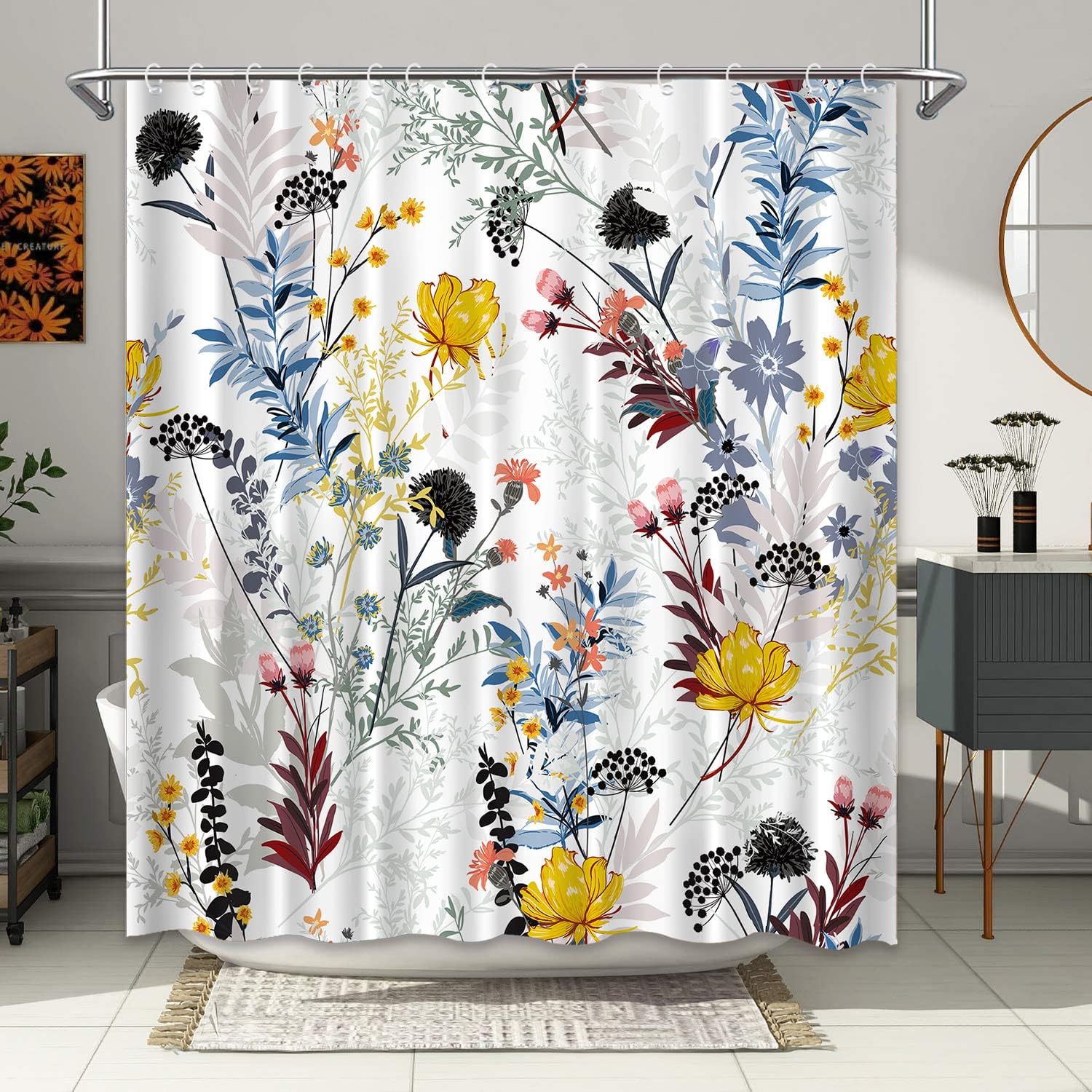 Plant Floral Shower Curtain Black Yellow Pink Flowers Blue Green Leaves Pattern Bath Curtain Boho Polyester Fabric Bathroom Decor Colorful Curtains 72"x 72"