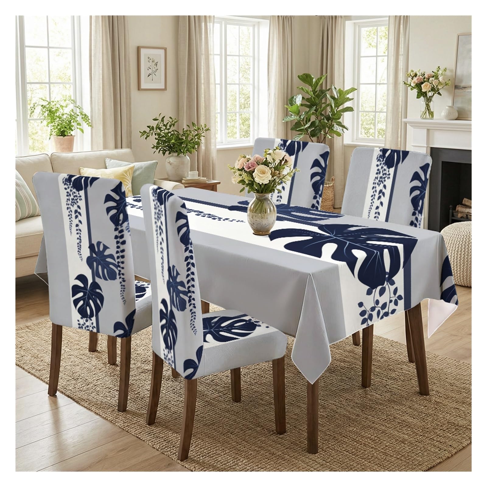 BOSUYBN Navy Blue Monstera Leaf Vertical Stripe Printed Dining Tablecloth & Chair Covers Set, 5/7 Piece Modern Minimal Tropical Neutral Dining Decor Table Setting(5pcs Set: Tablecloth+Chair Covers)