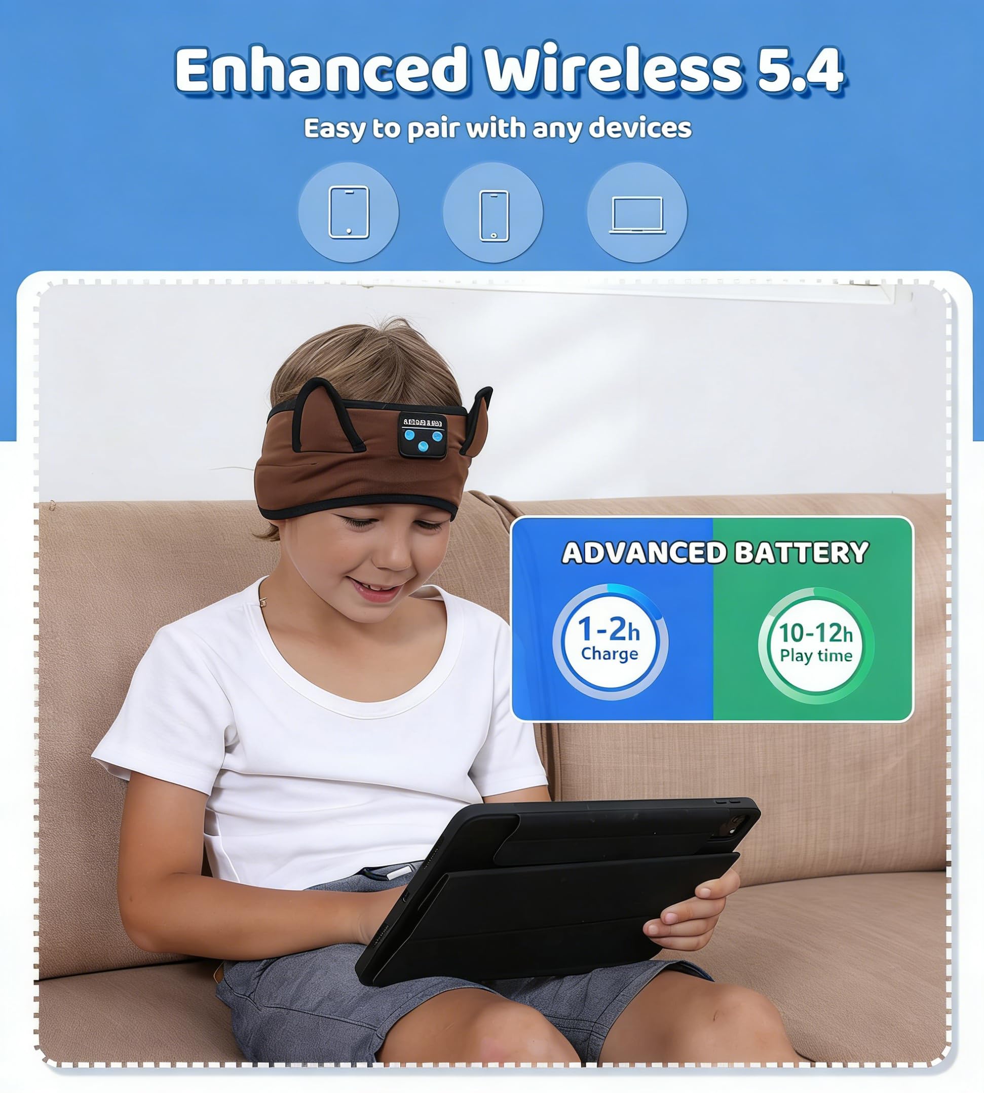 KIDSBAND Casque Bluetooth réglable pour enfants, lecture sans fil et filaire, prise jack 3,5 mm pour l'école, casque à oreilles de chat pour filles et garçons, tablette Kindle, téléphones portables,