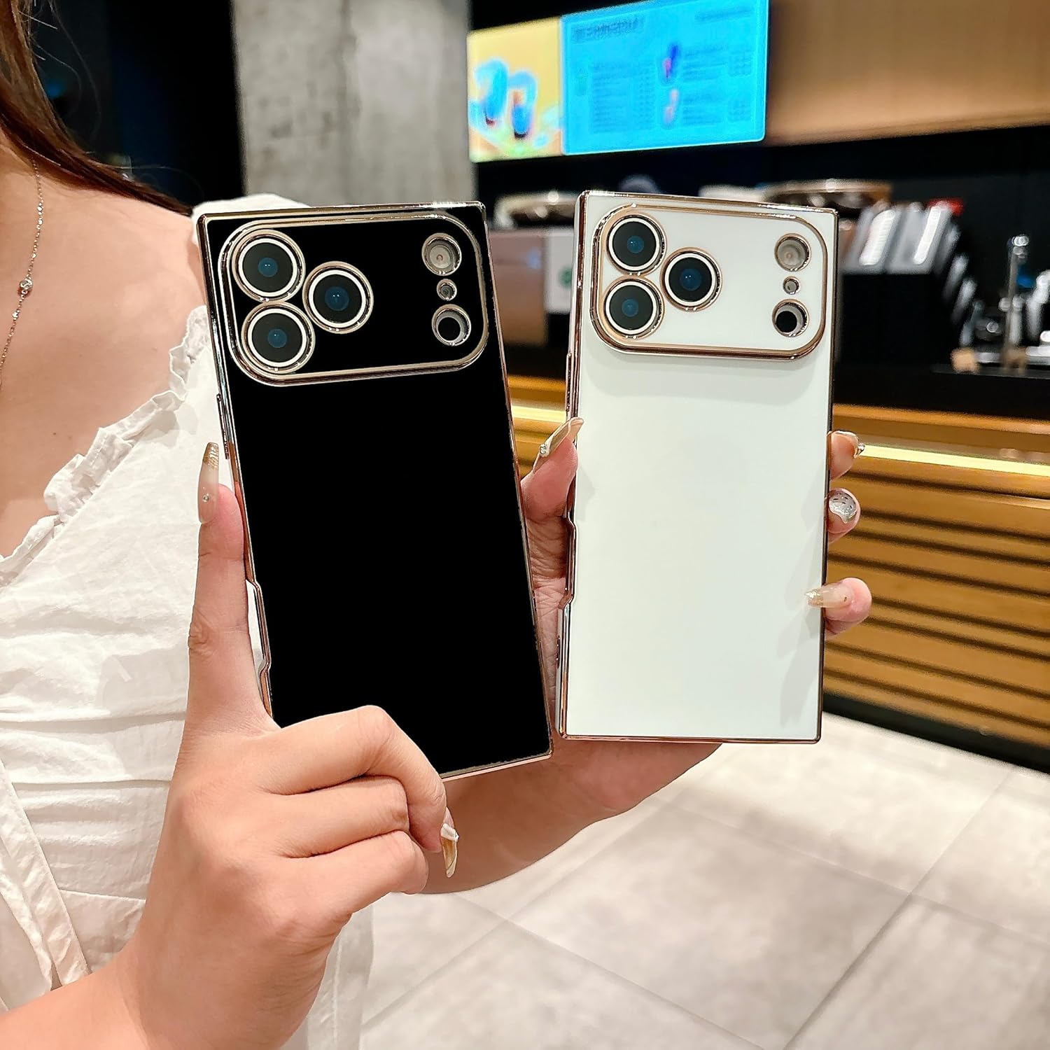 YTanazing Rectangle Case for iPhone 17 Pro Max, Luxury Plating Elegant Gold Edge Reinforced Corners Cover with Full Camera Protection Shockproof Silicone Phone Case for Women Girls, White - Image 4