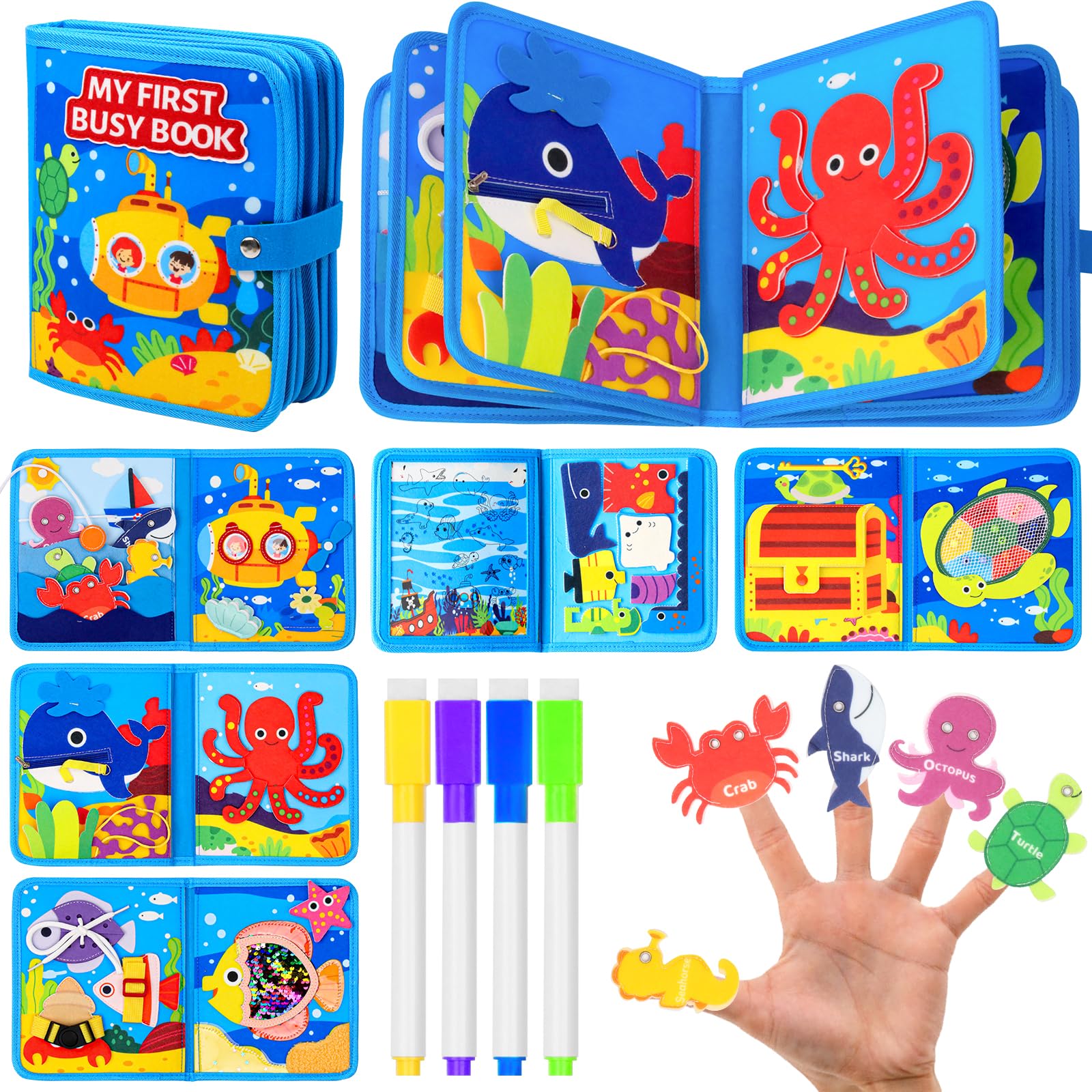 wokdsbl Felt Busy Book for Boys and Girls, 10 Pages Montessori Sensory Activity Book with Drawing, Matching