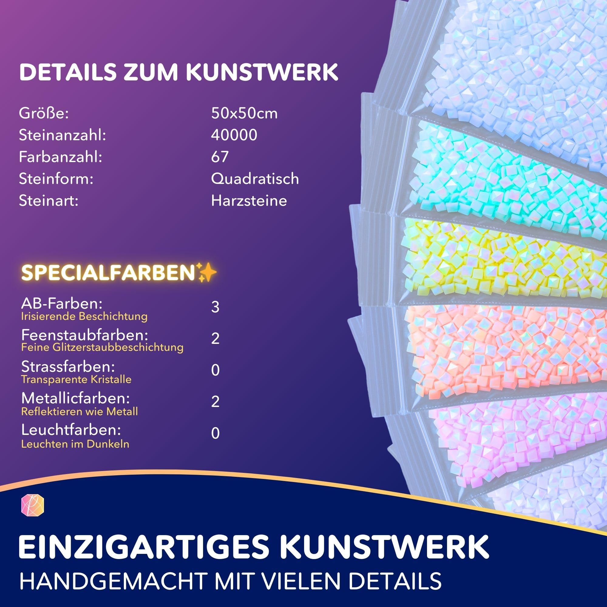 Picmondoo Diamond Painting - 50x50cm - Mondscheintanz | quadratische Harzsteine, AB-Steine, Strass- & Metallicfarben, klares Raster, Stift, Wachs & Schale für entspanntes DIY
