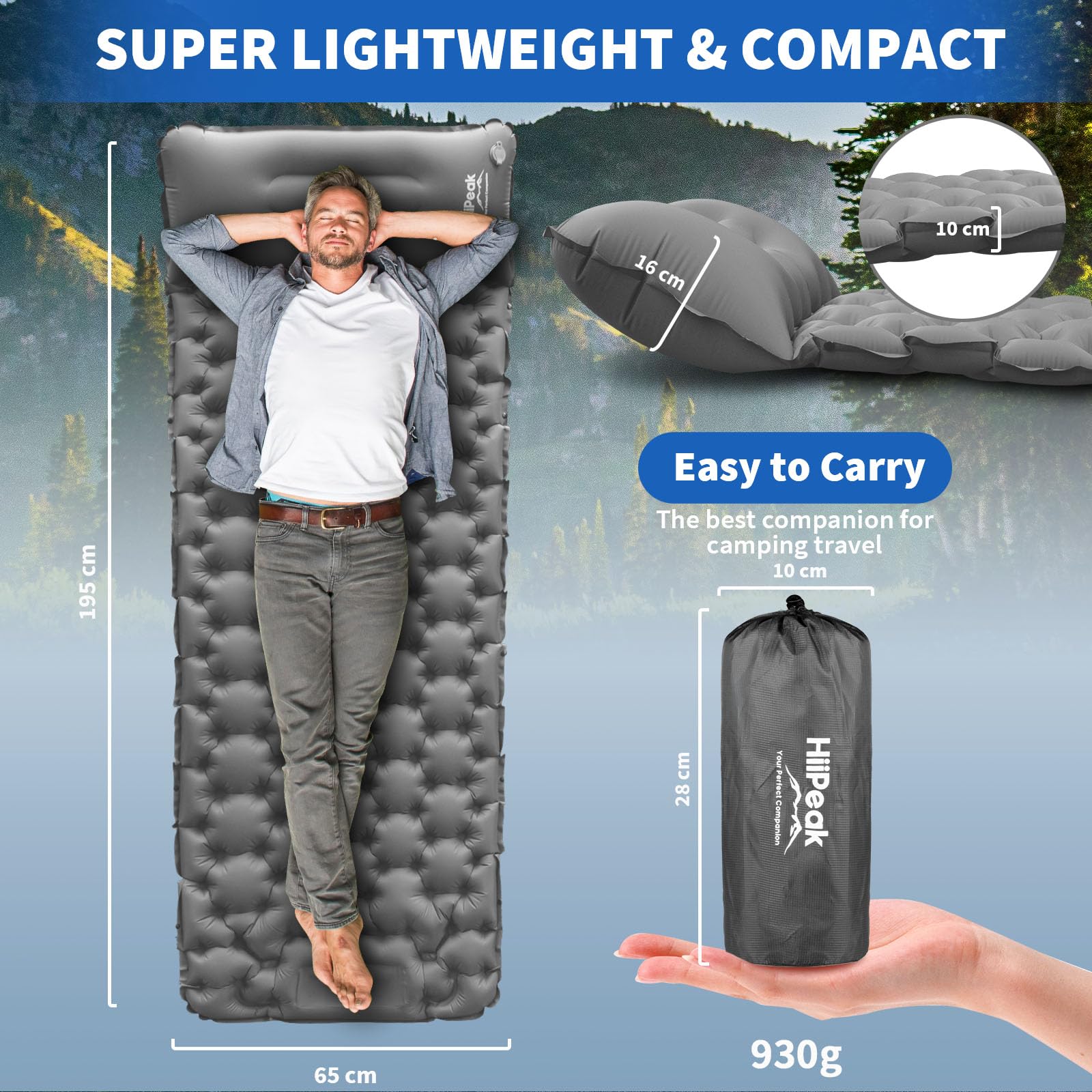 HiiPeak Sleeping Pad for Camping- Ultralight Inflatable Sleeping Mat with Built-in Foot Pump & Pillow, Upgraded Compact Camping Air Mattress for Camping, Backpacking, Hiking