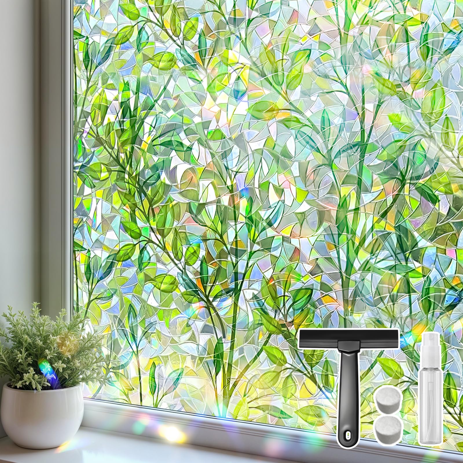 Mgood Stained Glass Window Film Privacy Film for Glass Windows Green Leaf Pattern Rainbow Window Film Decorative Anti UV Static Cling Window Vinyl for Home Bedroom, 60x200cm — image 1
