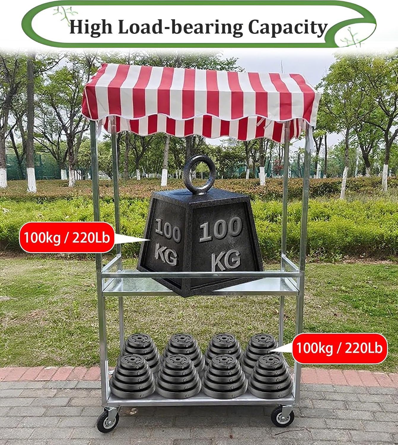 Carrello per catering mobile pieghevole in metallo, espositore per bancarelle di mercato portatile a 2 livelli, carrello per stand di concessioni alimentari con ombrellone e ruote Orange-100*50cm