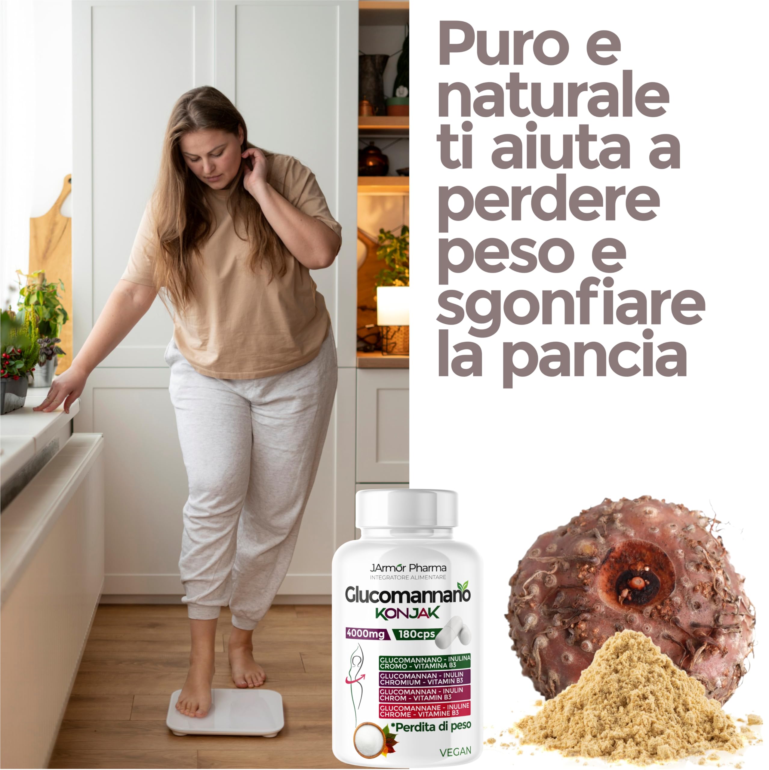 Glucomannano Forte Purificato 4000mg 180 Cps, Fino a 1000 Kcal In Meno Al Giorno, Perdita di Peso, Controllo Della Fame, Saziante e Drenante, Glucomannan Konjak
