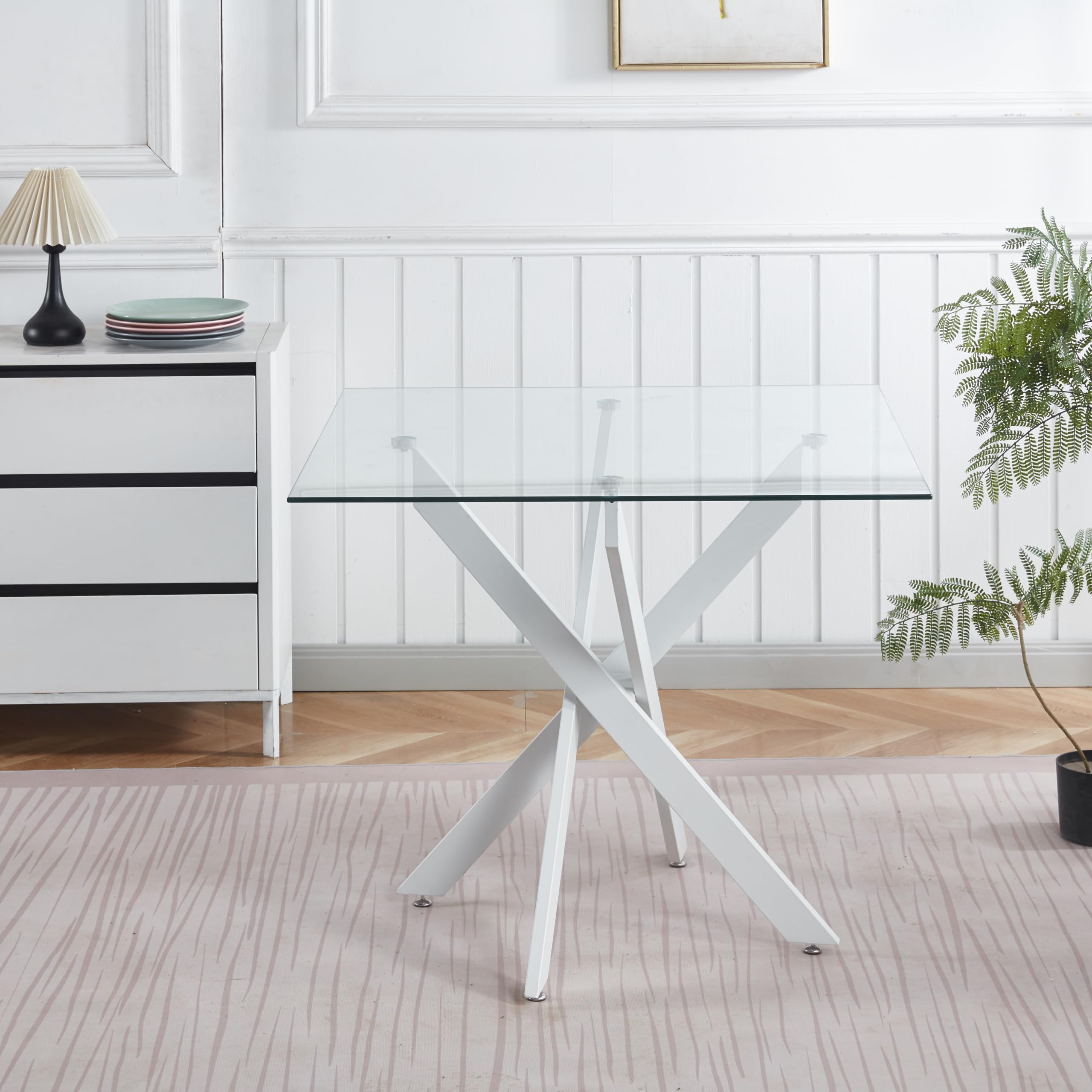 Small Square Glass Dining Table with Tempered Glass Top Metal Legs, 35.43" Modern Kitchen Table Dining Room Table for Dining Room Kitchen Living Room (White-Square 35.43"x29.6")