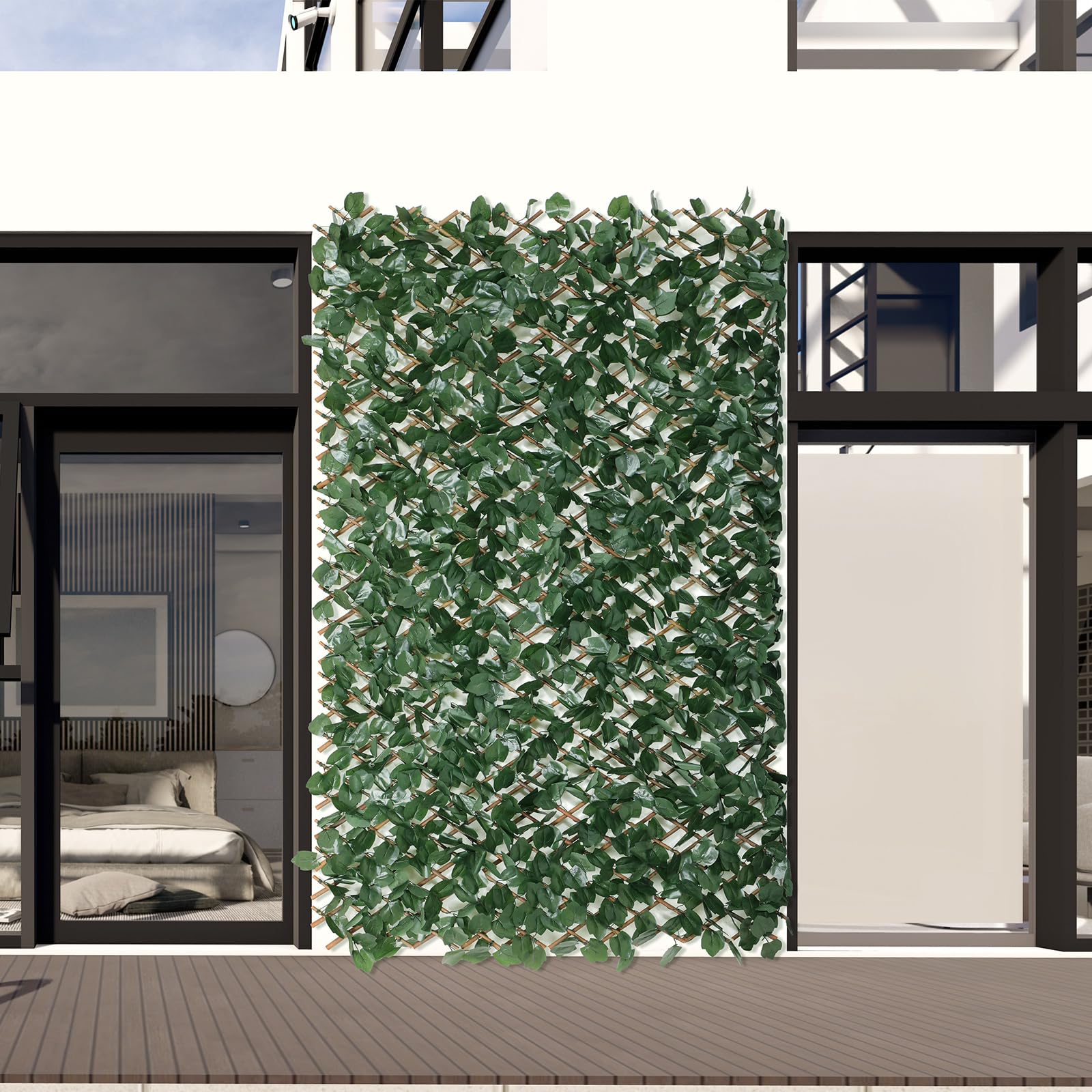 Erweiterbarer Gitterzaun 100x200cm flexibel ausziehbar aus Weide mit künstlichem Blattwerk aus Ahornblätter, Sichtschutz Zaun und Dekoration für Wohnzimmer, Garten, Balkon und Terrasse