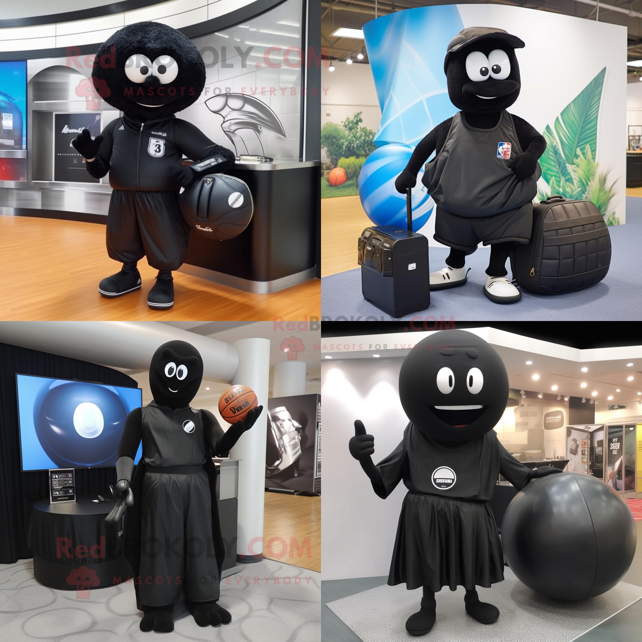 Pallone da basket nero mascotte costume personaggio vestito con un Cover-up e valigette