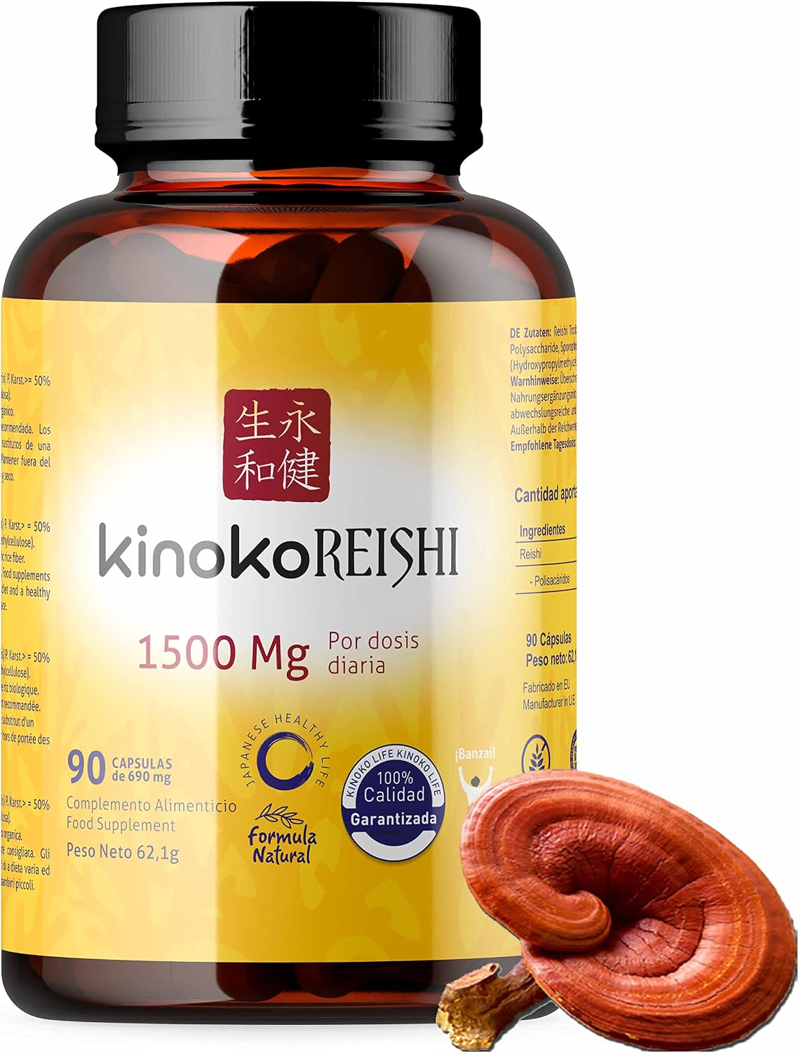 Reishi 1500mg 90 Capsules with 50% Betaglycan Polysaccharides Ganoderma Lucidum Vegan Non GMO