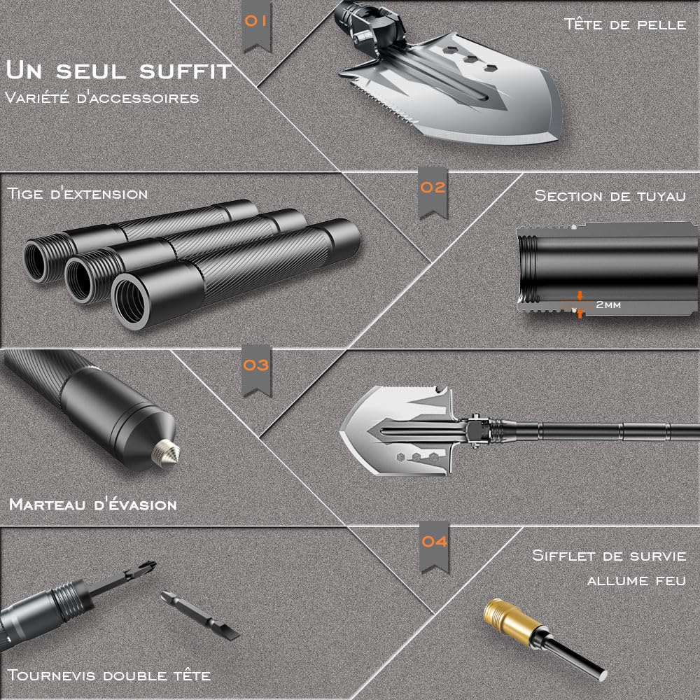 Pelle de Camping et de randonnée YANTOO, kit de Pelle Portable Pliable et détachable, Multifonctionnel pour l'extérieur, la pêche, l'urgence de la Voiture. (FR-Version)
