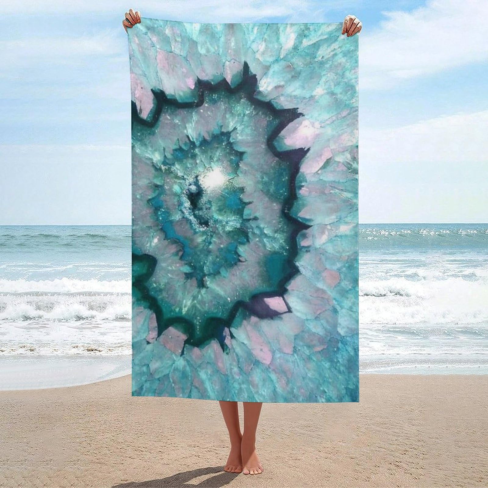 LEDFCVSU Beach Towel, Teal Agate Bath Towel, Absorbent Towel for Swimming, Sports, Travel