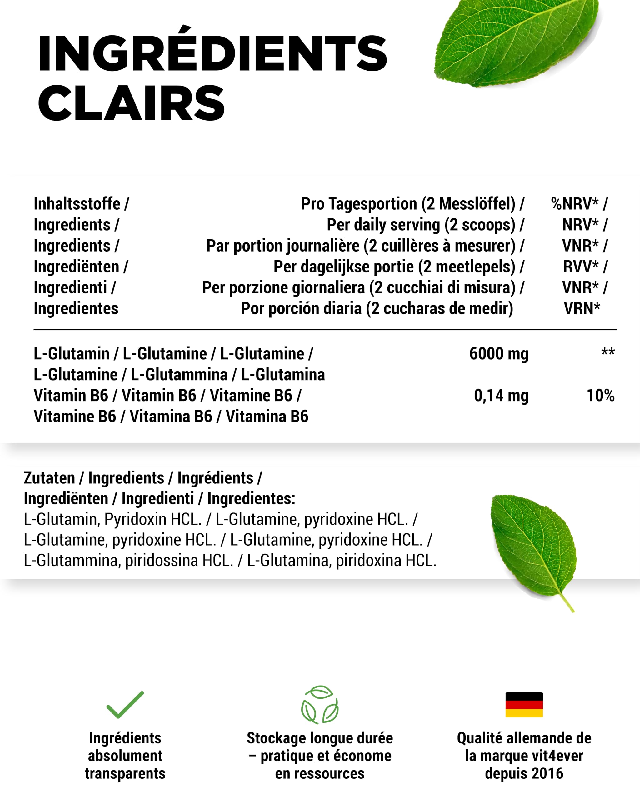 vit4ever Poudre de L-glutamine – 1000 g / 1 kg – Poudre d’acides aminés ultra pure, extra hautement dosée – 100% végane – Produite par fermentation végétale