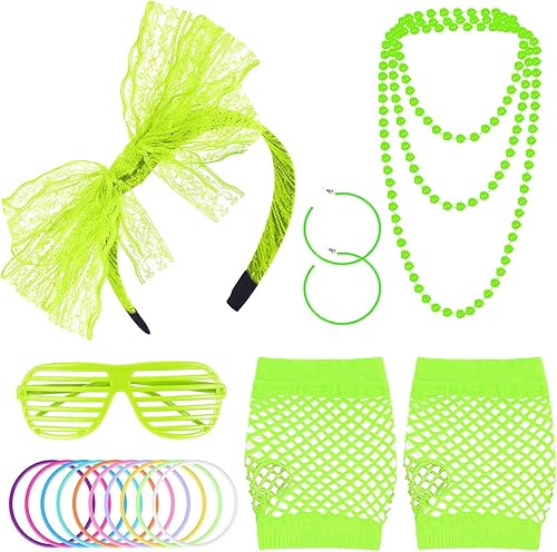 Accesorios de disfraces de los años 80, diadema de encaje, aretes, guantes de red, collar, pulsera para disfraces de fiesta retro de los años 80