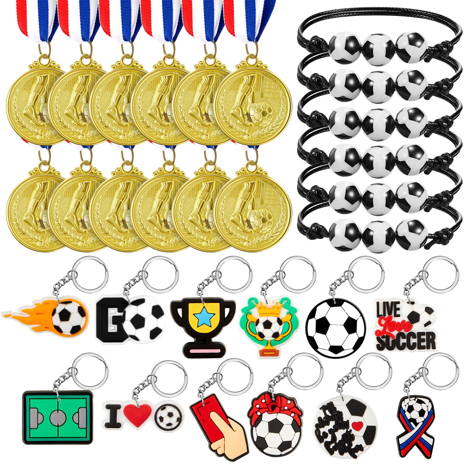 Juego de 36 piezas de premios deportivos de fútbol, medallas, pulseras de trofeos y llaveros para regalos de recompensa de equipo, premios de competencia, juegos de fútbol y recuerdos de