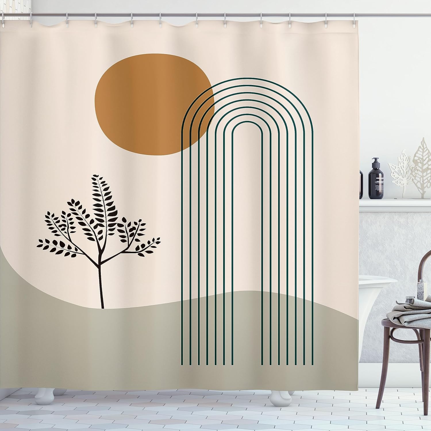 Ambesonne Mid Century Modern Boho Shower Curtain, Minimalist Abstract Boho Roundy Stripes and Leaf with Sun, Cloth Fabric Bathroom Decor Set with Hooks, 69" W x 70" L, Amber Champagne Dusk