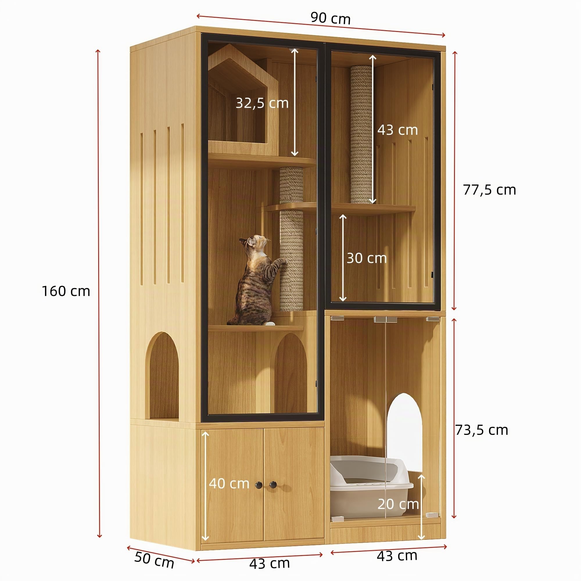 Grande casa per gatti in vetro a 4 piani - Villa per gatti in legno con tiragraffi, resistente alle intemperie e all'inverno - Per interni ed esterni - Colore legno di acero giallo - 90