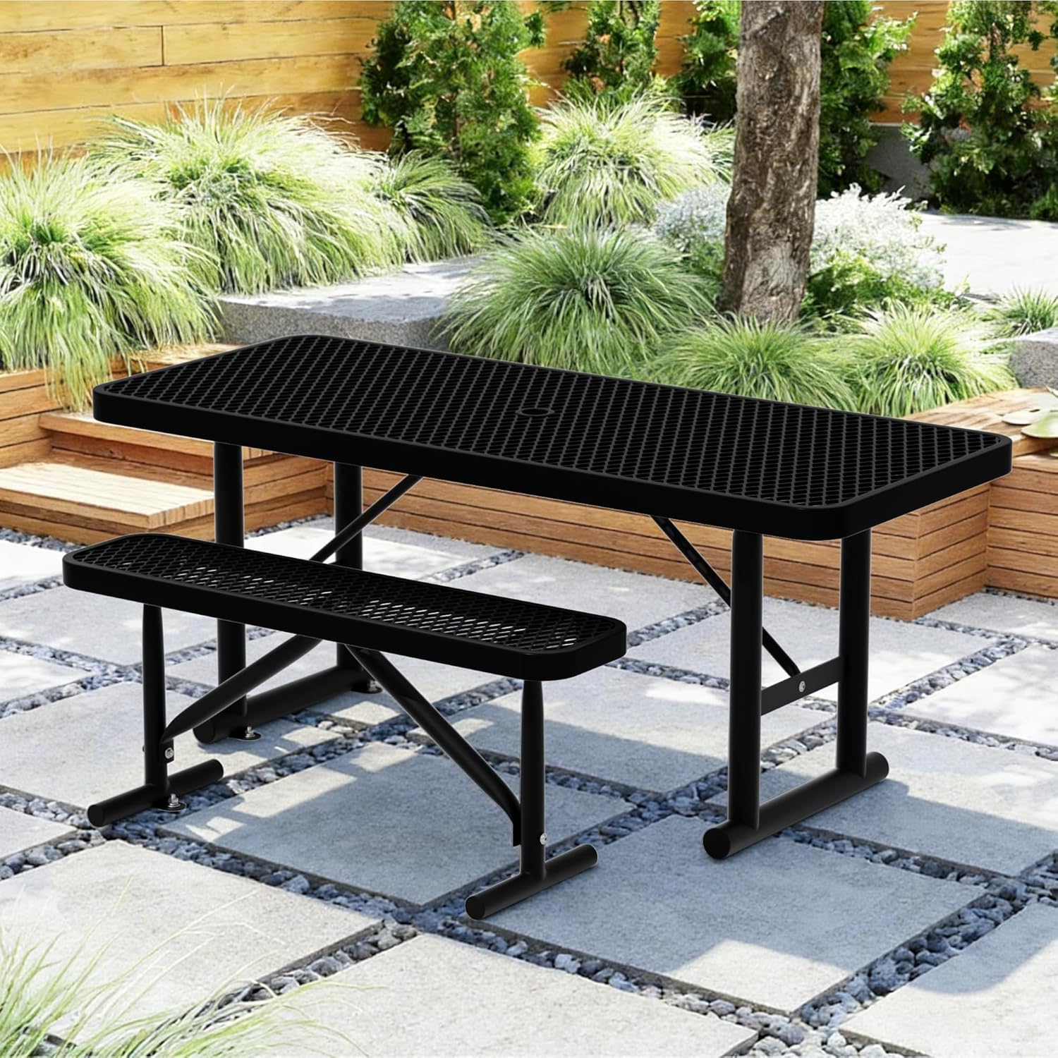 4FT Picnic Tables for Outdoors, Black Rectangular Heavy Duty Commercial Picnic Table with Umbrella Hole, Weather-Resistant Camping Table Dining Table for Backyard, Patio, Garden, Shops, Parks