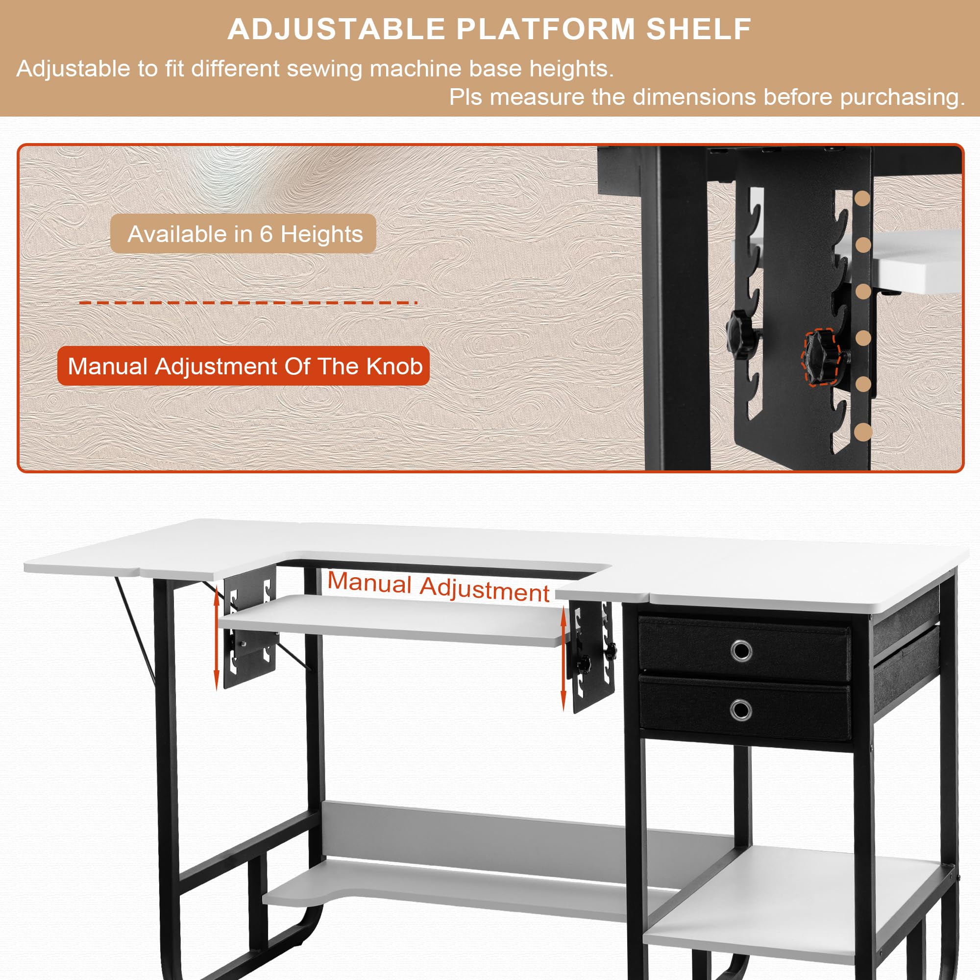 Mesa plegable para máquina de coser, mesa de coser multiusos con plataforma ajustable, estante de almacenamiento y 2 cajones de tela (blanco cálido)