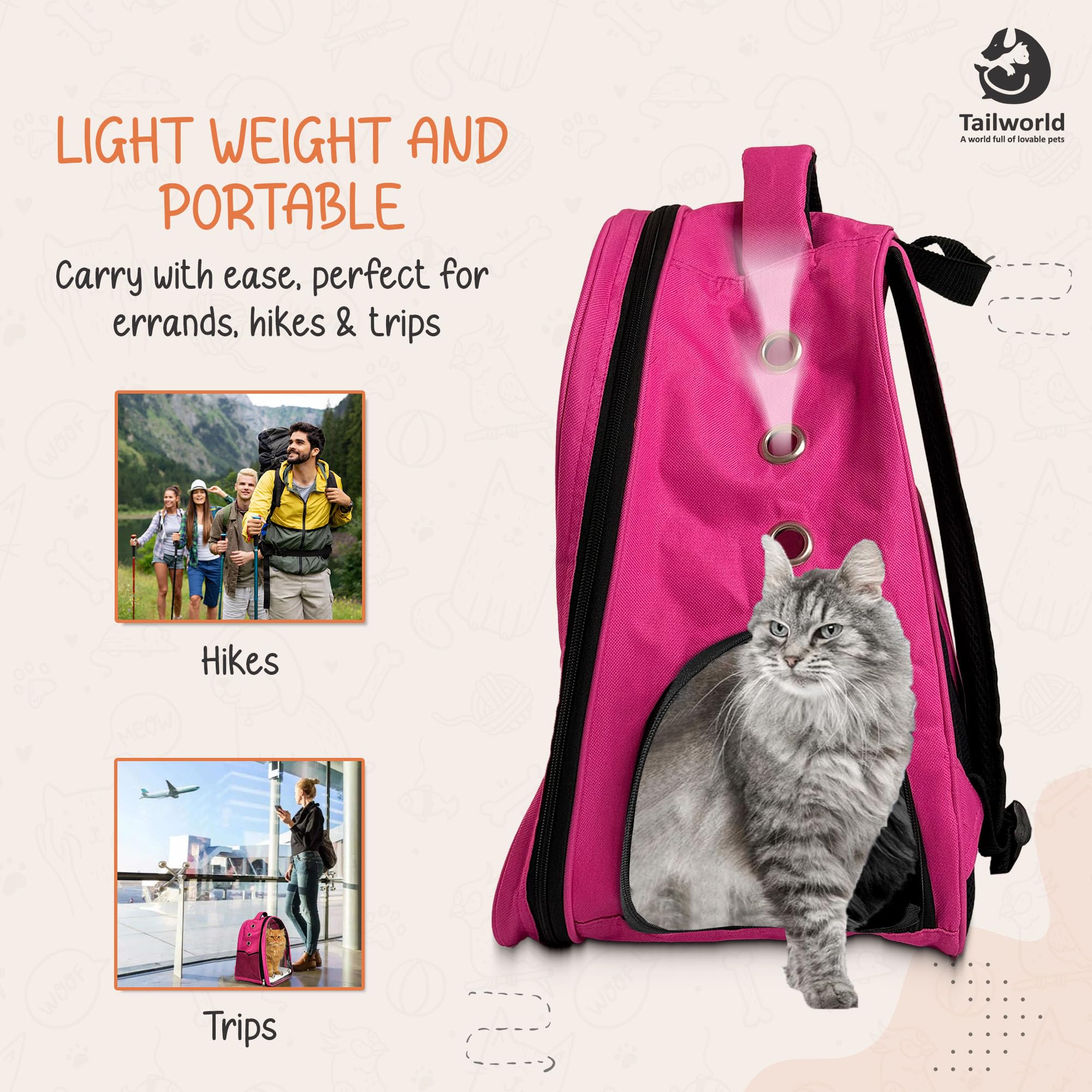 Tailworld Portable Pet Carrier Backpack for Cats & Small Dogs – Transparent Window, 9 Air Vents, Breathable Mesh, Built-in Safety Leash, Lightweight Travel Bag for Outdoor & Travel (Pink) 4