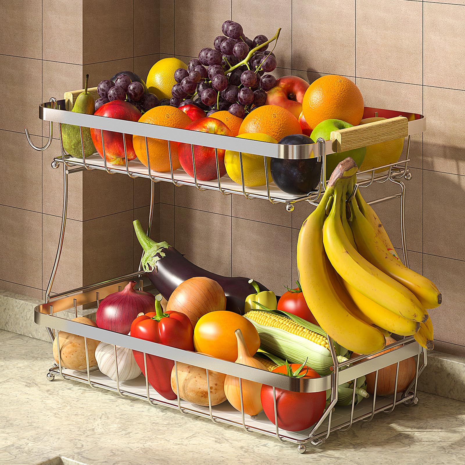 Sevenblue 2 Tier Fruit Basket for Kitchen Counter with 2 Mobile Banana Hangers, 2026 Pro Metal Fruit Bowl with Wooden Handle, Fruit Holder for Bread Snack Veggies, Extra Large , Silvery