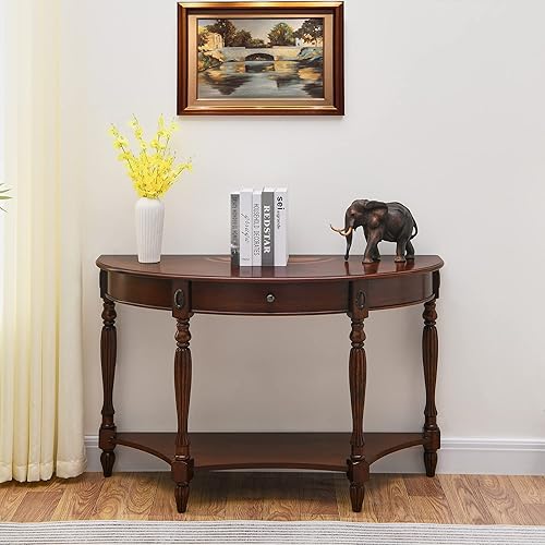 Miniatura 4 de MODERION Mesa consola de madera maciza con cajón, estante de almacenamiento de entrada semicírculo, tallas de media luna, elegante sofá vintage para