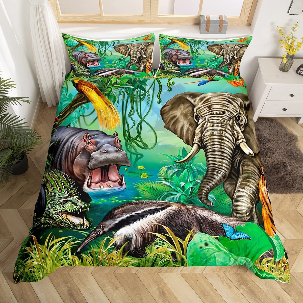 Jungle Animals Duvet Cover Set King Size Crocodile Hippo Elephant Tiger Bedding Set African Safari Animal Printed Comforter Cover For Kids Boys Girls Cartoon Zoo Theme Bedclothes With 2 Pillow Cases
