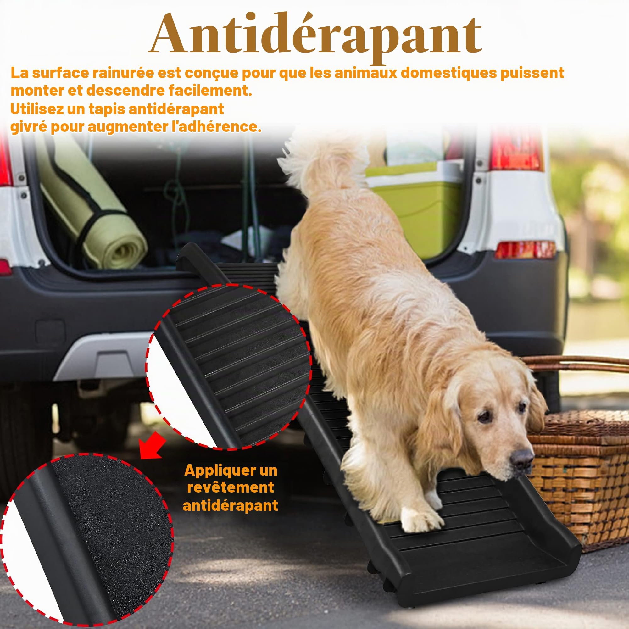 UISEBRT Rampe de coffre pliable pour chien - Rampe de coffre pour animaux de compagnie - Antidérapante et robuste - Jusqu'à 90 kg - 156 x 40 cm - Noir