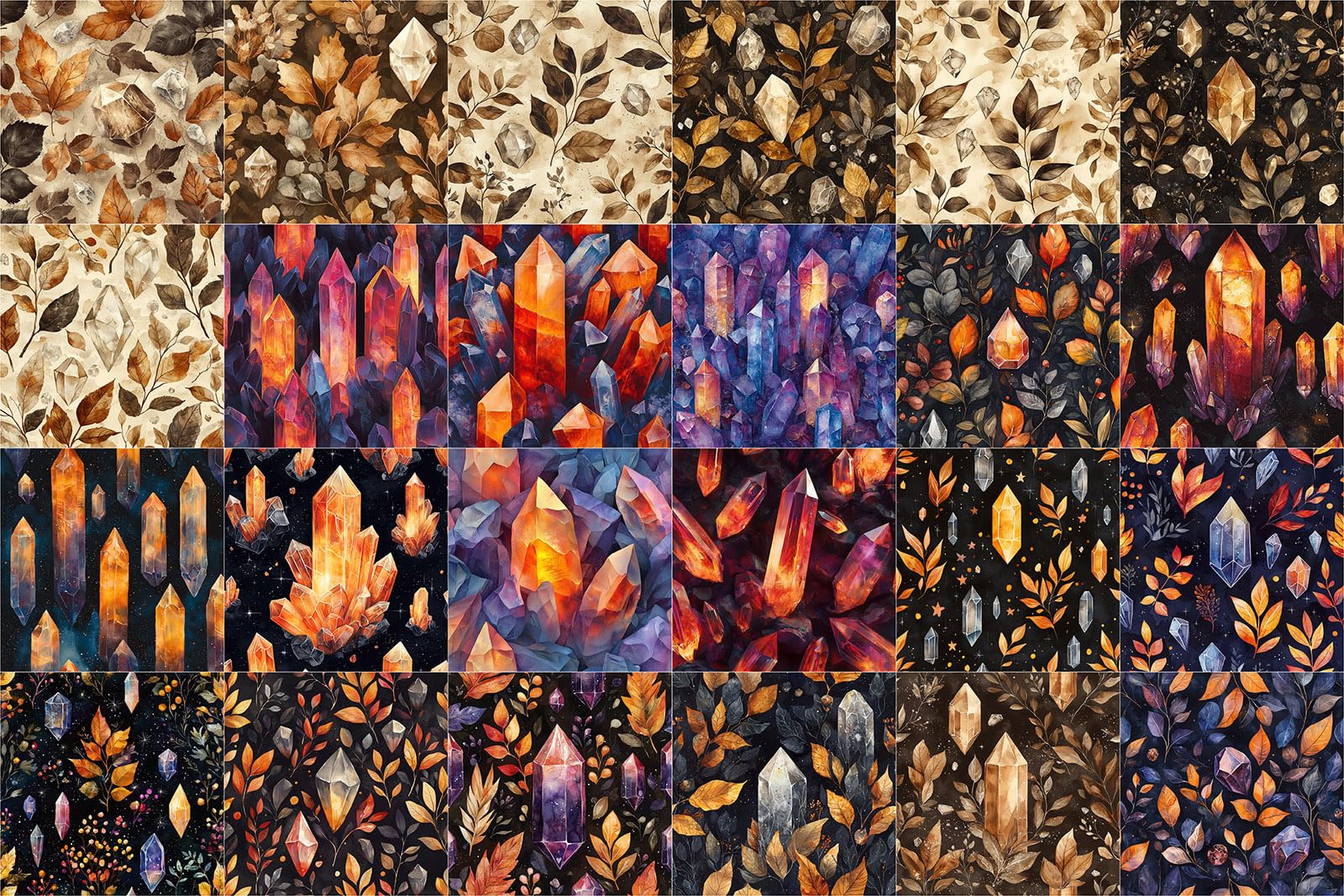 FLONZ Papier do scrapbookingu (24 arkusze 15 cm x 15 cm) Crystal Forest Glow ~ Mistyczna kolekcja ilustracji z kamieni szlachetnych i liści w żywym cyfrowym stylu malarskim ze świecącymi akcentami