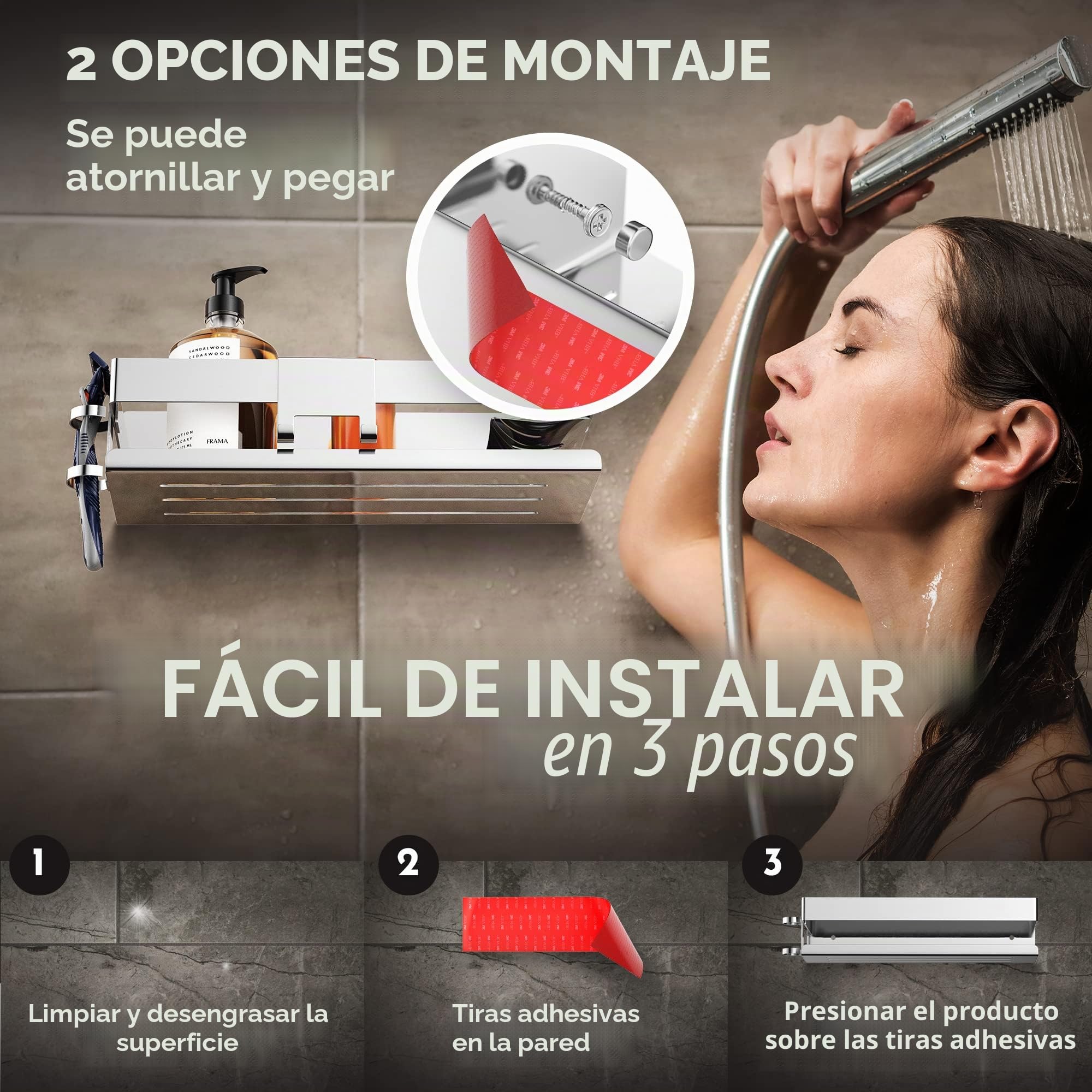 HENAL® - Estante de Ducha 5 en 1 de Acero Inoxidable Brillante sin taladrar, Estante de Ducha con Soporte de afeitadora, portaescobilla de Ducha, jabonera y Ganchos, Organizador XXL