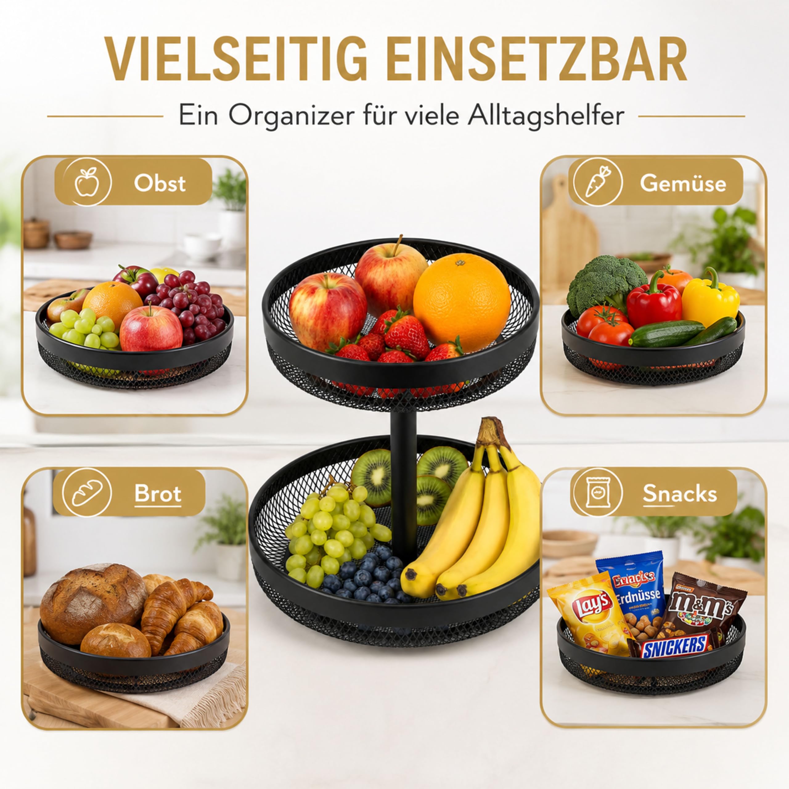 URMONA 2-stöckiger Obstkorb, runde Obstschale aus Metall für Küche, Schwarz | Platzsparender Brotkorb und Snack Organizer für Obst, Gemüse und Gebäck auf Arbeitsplatte, Esstisch oder im Wohnzimmer