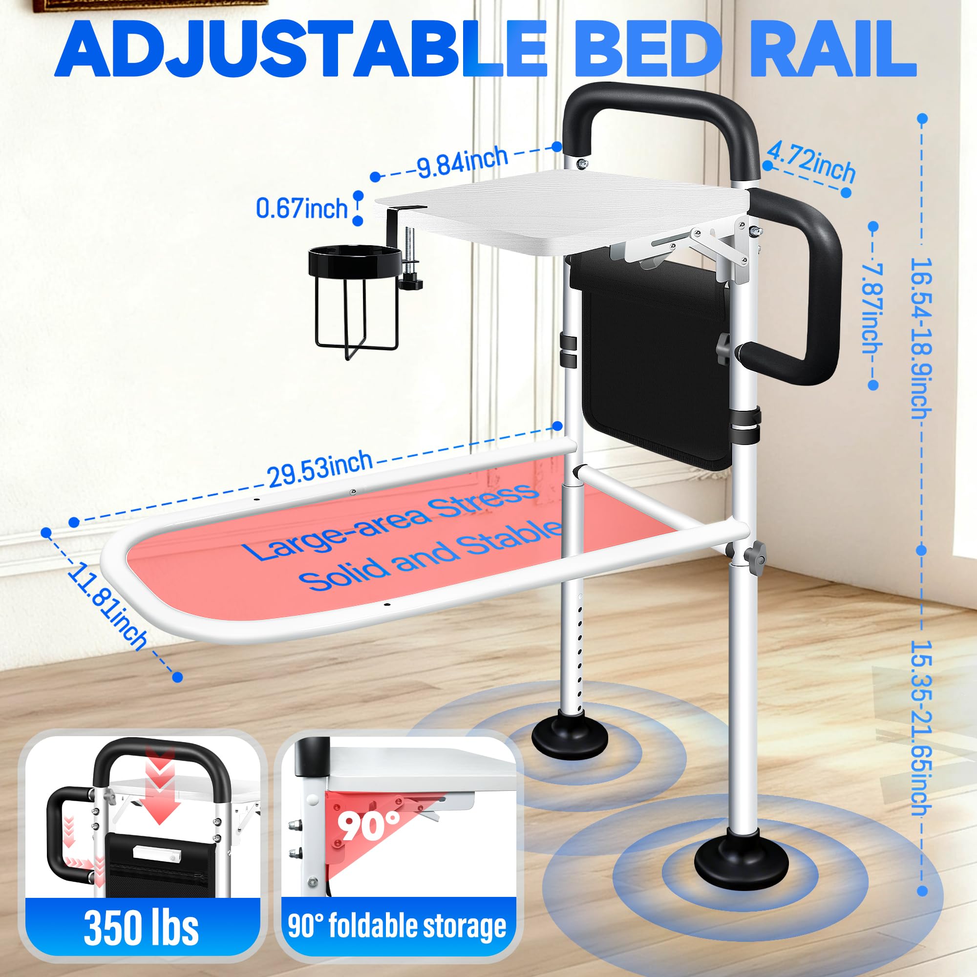 LanAqua Bed Rails for Elderly Adults Safety with Foldable Tray, Adjustable Bed Assist Rails for Seniors with Motion Sensor Light & Cup Holder, ASTM Approved Bed Cane Bed Rail with 2 Handles & Pocket — view 2