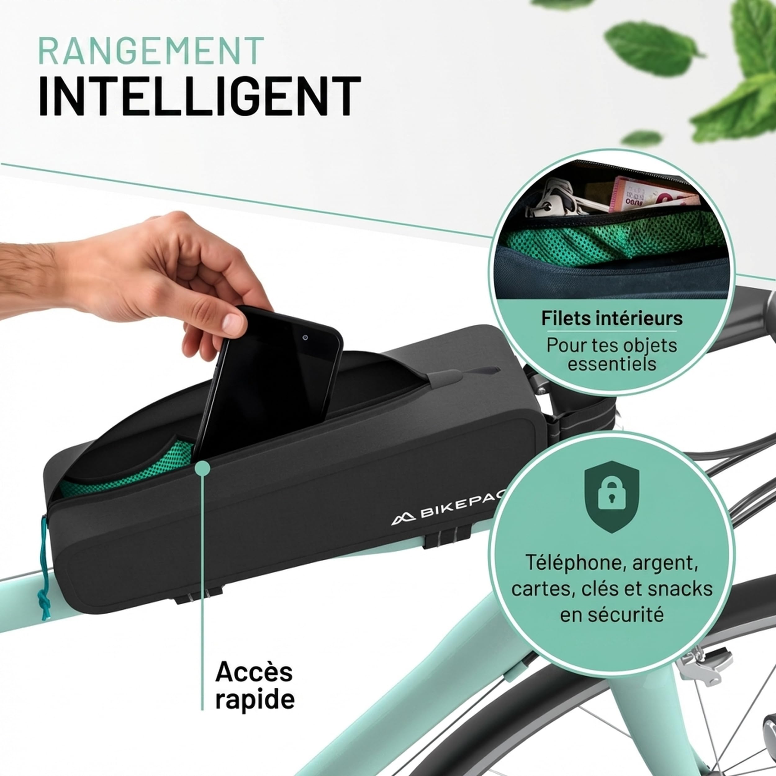 BIKEPACK Sacoche Top Tube Vélo - Sacoche Cadre Route VTT Bikepacking | Pochette tube supérieur avec fenêtre tactile pour smartphone, fixation vissée ou velcro, déperlante, pour gravel et course