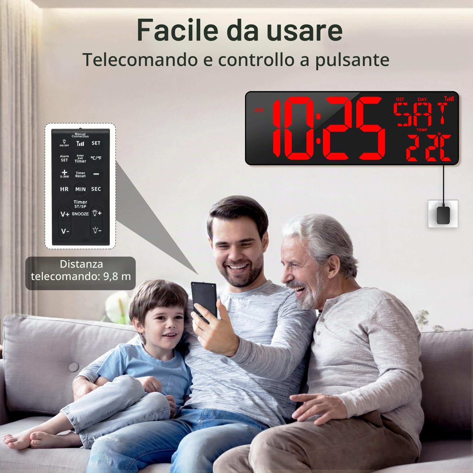 XREXS Orologio Parete 17'' LED Rosso Sincronizzazione Bluetooth | Luminosità regolabile, mostra ora, data e temperatura, calibrazione automatica, multifunzione per soggiorno e ufficio