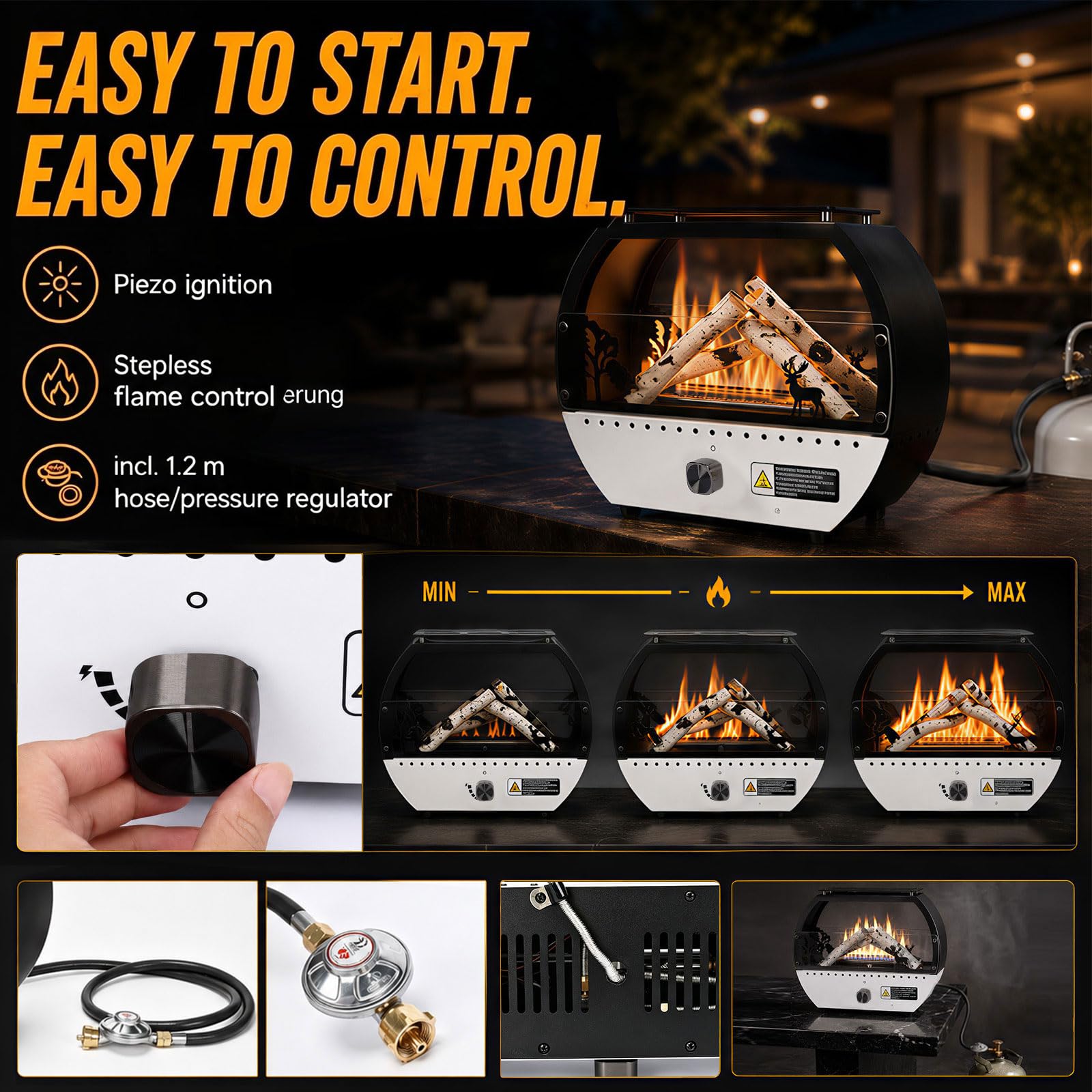 GFTIME Tragbare Gasheizung 10000 BTU, Outdoor Camping Heizer mit dekorativem Flammeneffekt, Gas Feuerstelle mit Grillplatte, Kippschutz & Flammenschutz, für 1 lb und 20 lb Gasflaschen, Schwarz