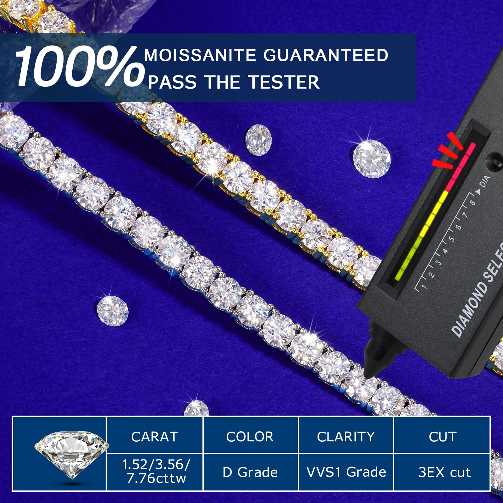 Bracciale da donna in argento Sterling 925, ipoallergenico, regolabile, colore D, purezza, VVS1, con diamanti solitari, regalo di compleanno e San Valentino