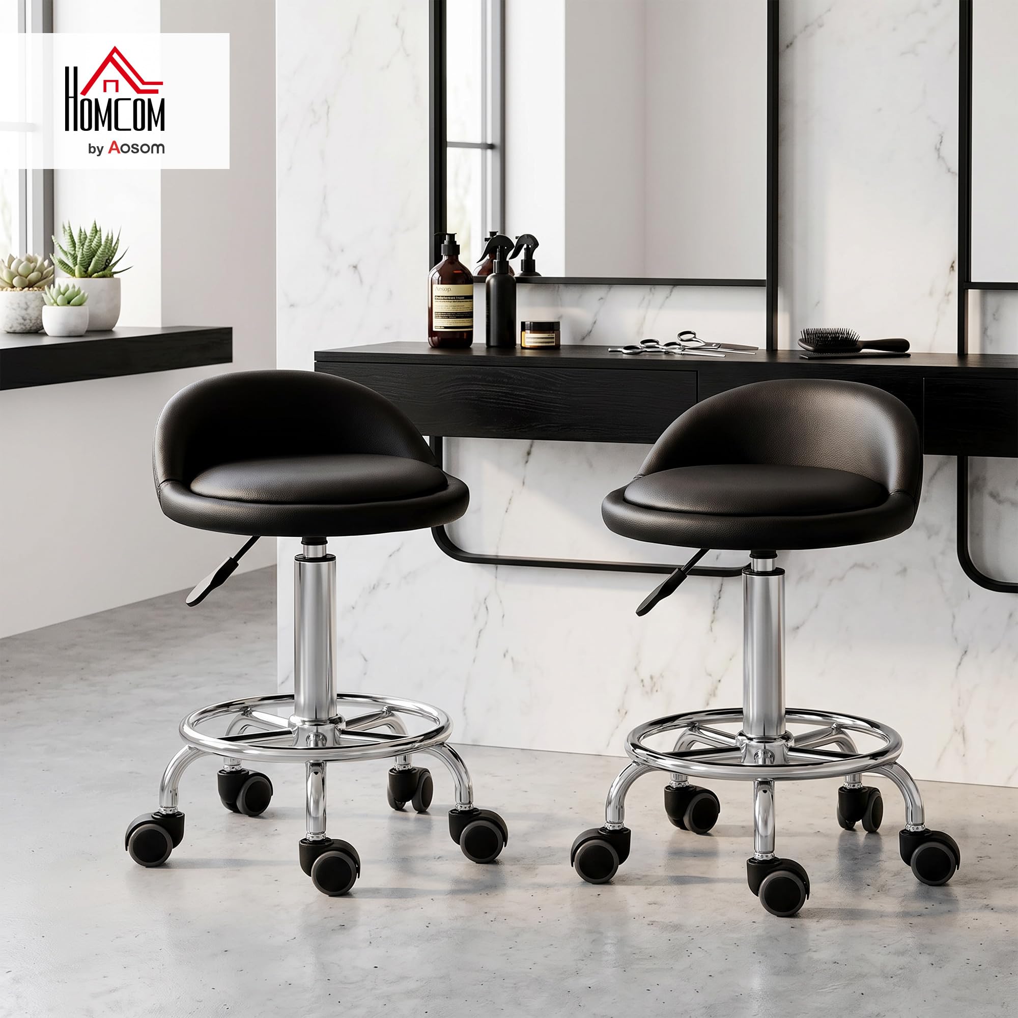 HOMCOM Lot de 2 tabourets à Roulette pivotants 360°, Dossier, Noir | Assise réglable 47-62H cm, revêtement synthétique, acier chromé