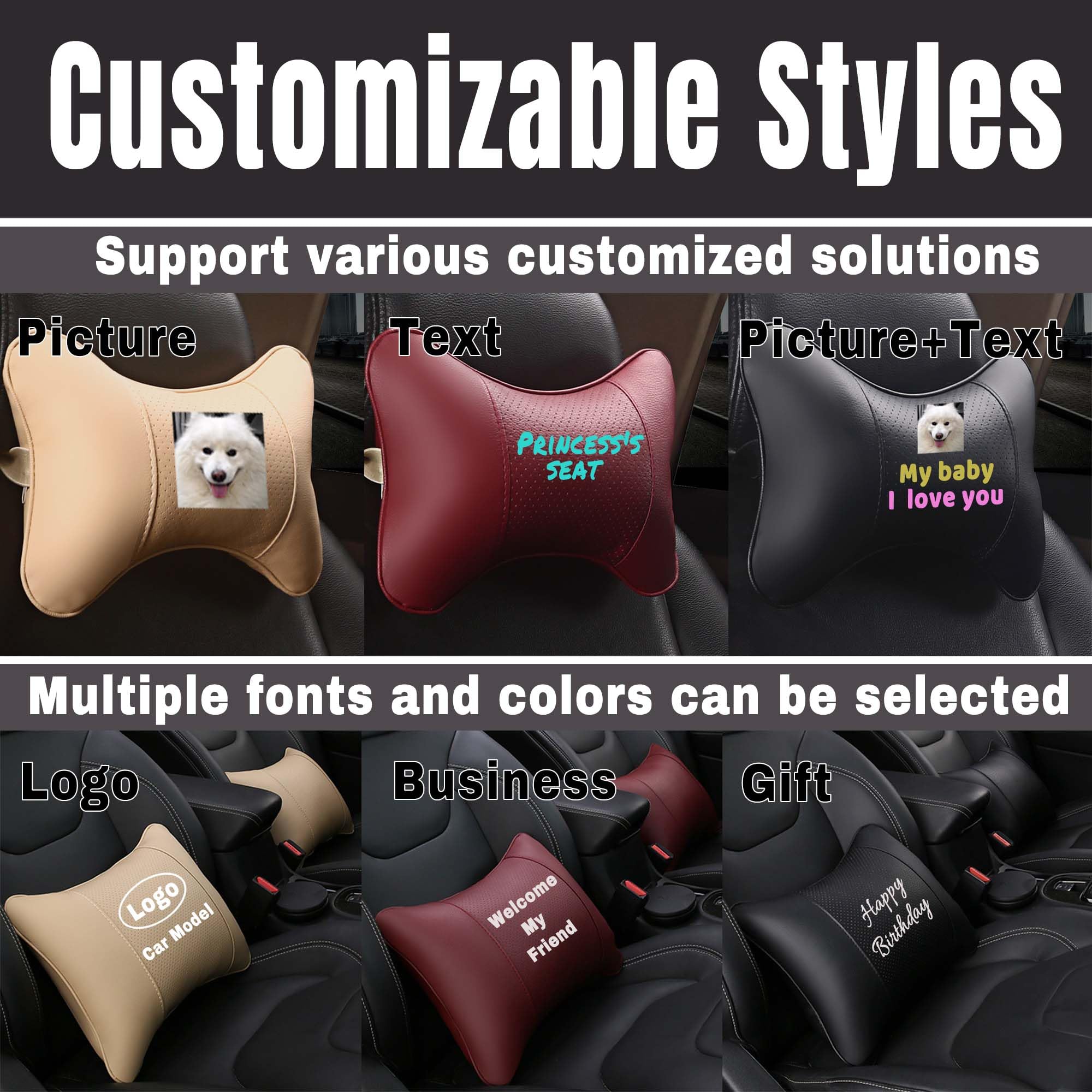 MVJAA Customizable Neck Pillow, Personalized Headrest Pillow, Breathable Fiber Filled, Adjustable PU Leather Seat Neck Support Fits Most Car Seats, Relieves Neck & Shoulder Pain During Travel (Red)