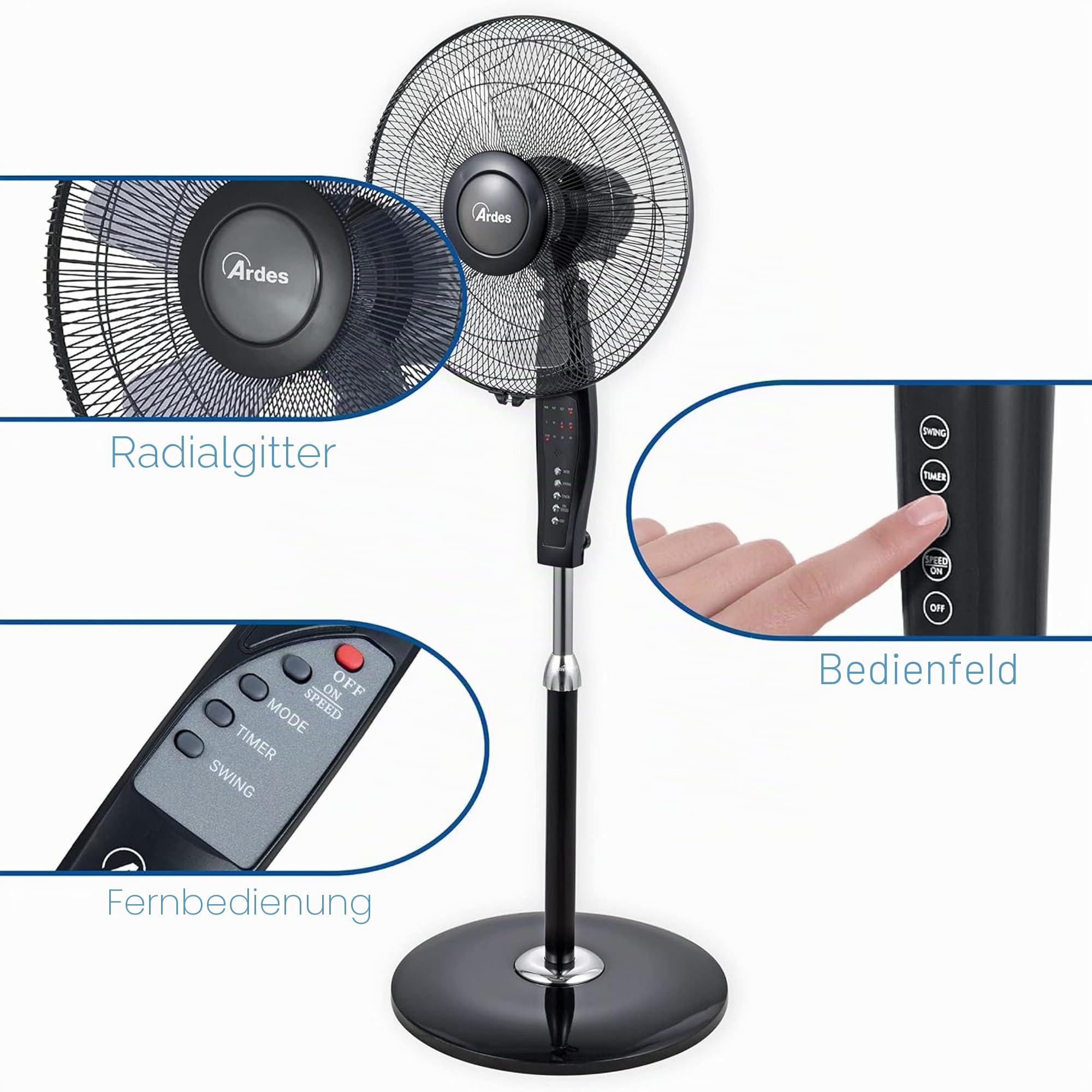 ARDES - AR5S40PBR Standventilator, mit Fernbedienung und Timer, leise und leistungsstark, 5 Flügel, 40 cm, oszillierend, mit verstellbarer Höhe und Neigung, 3 Geschwindigkeitsstufen