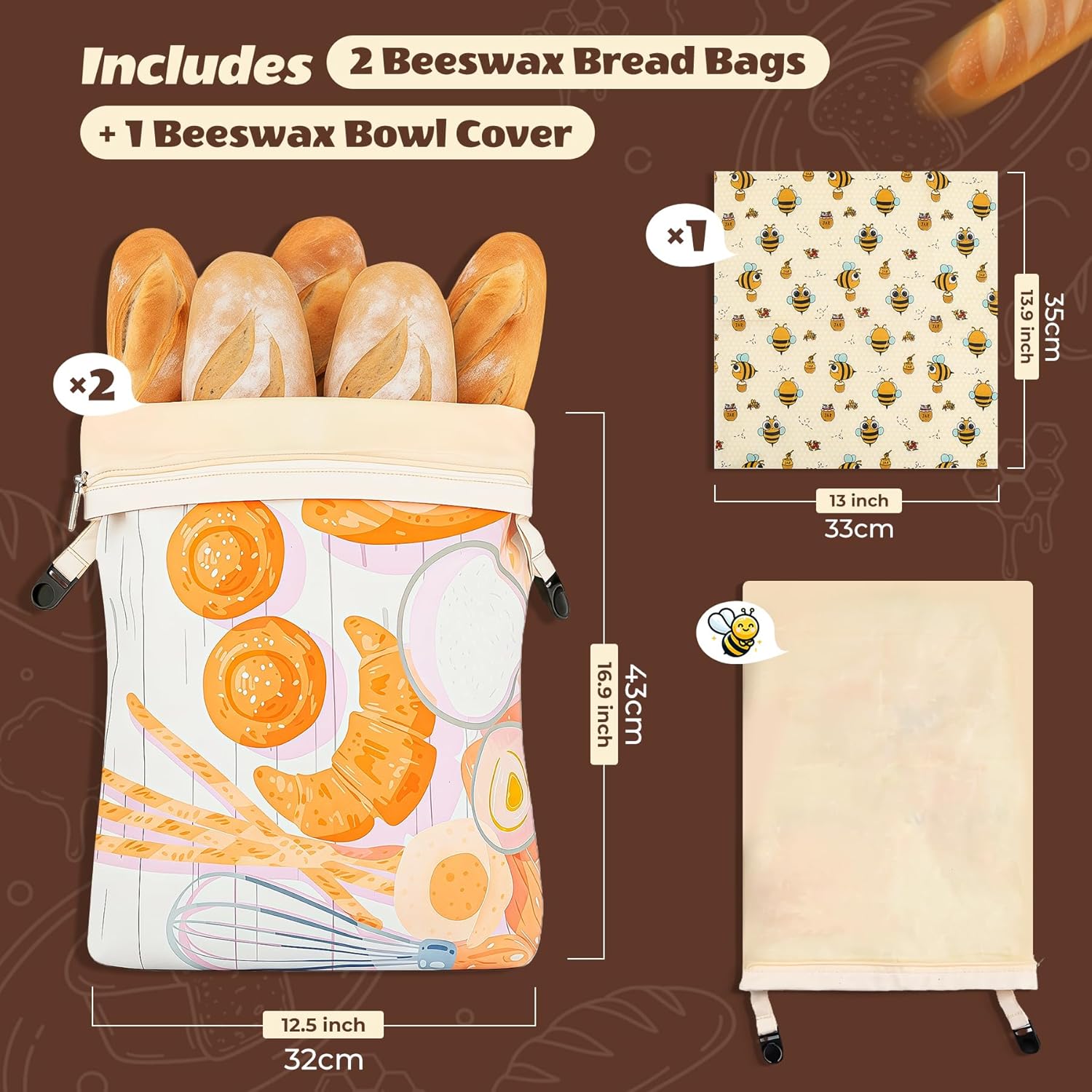 Beeswax Bread Bags for Sourdough and Homemade Bread - 2 Pack XL Cotton Storage Bags with Zipper & Buckle Double Seal - Includes 13x13.9" Beeswax Wrap for Bowl Cover - Reusable Produce Veggie Bag