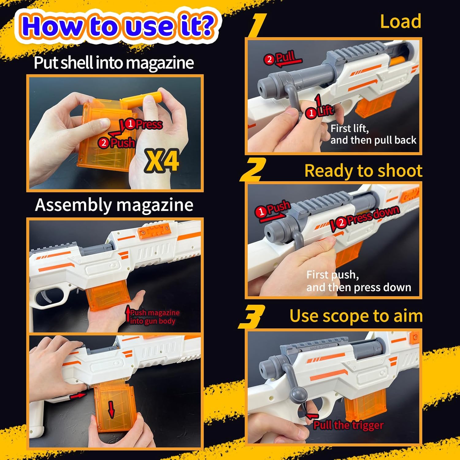 AGM MASTECH Transforming Armor Toy Gun, Detachable Front Stock, Adjustable Rear Stock, Shell-Ejecting Design, 40 Foam Darts, 12 Shells, 2 Magazines, White & Orange