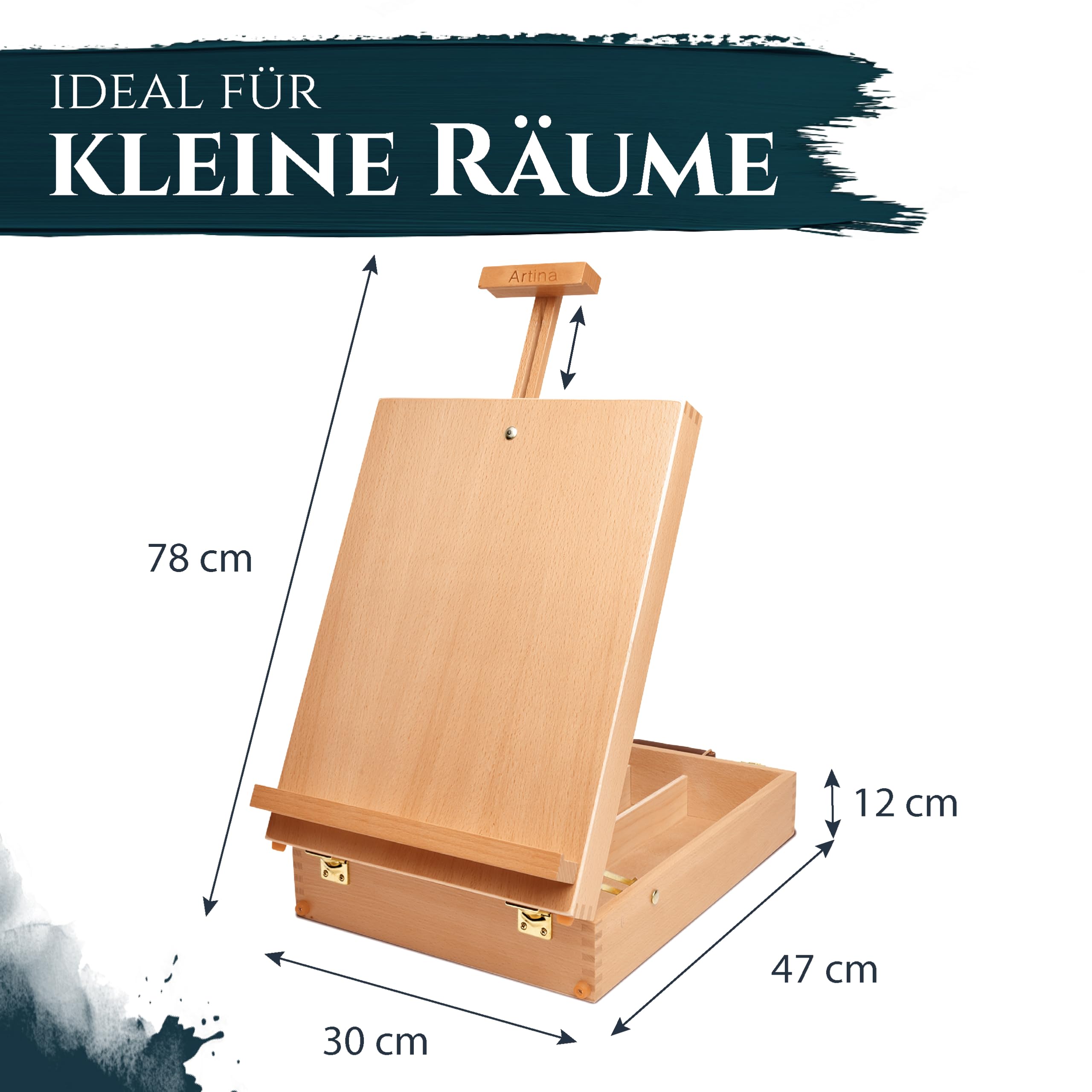 Artina Tischstaffelei für Keilrahmen bis 66 cm Nancy – Künstlerkoffer Verstellbare Holz Staffelei Tisch Buchenholz mit Tragegriff – Kofferstaffelei Malkoffer mit 3 Fächern für Farben & Pinsel