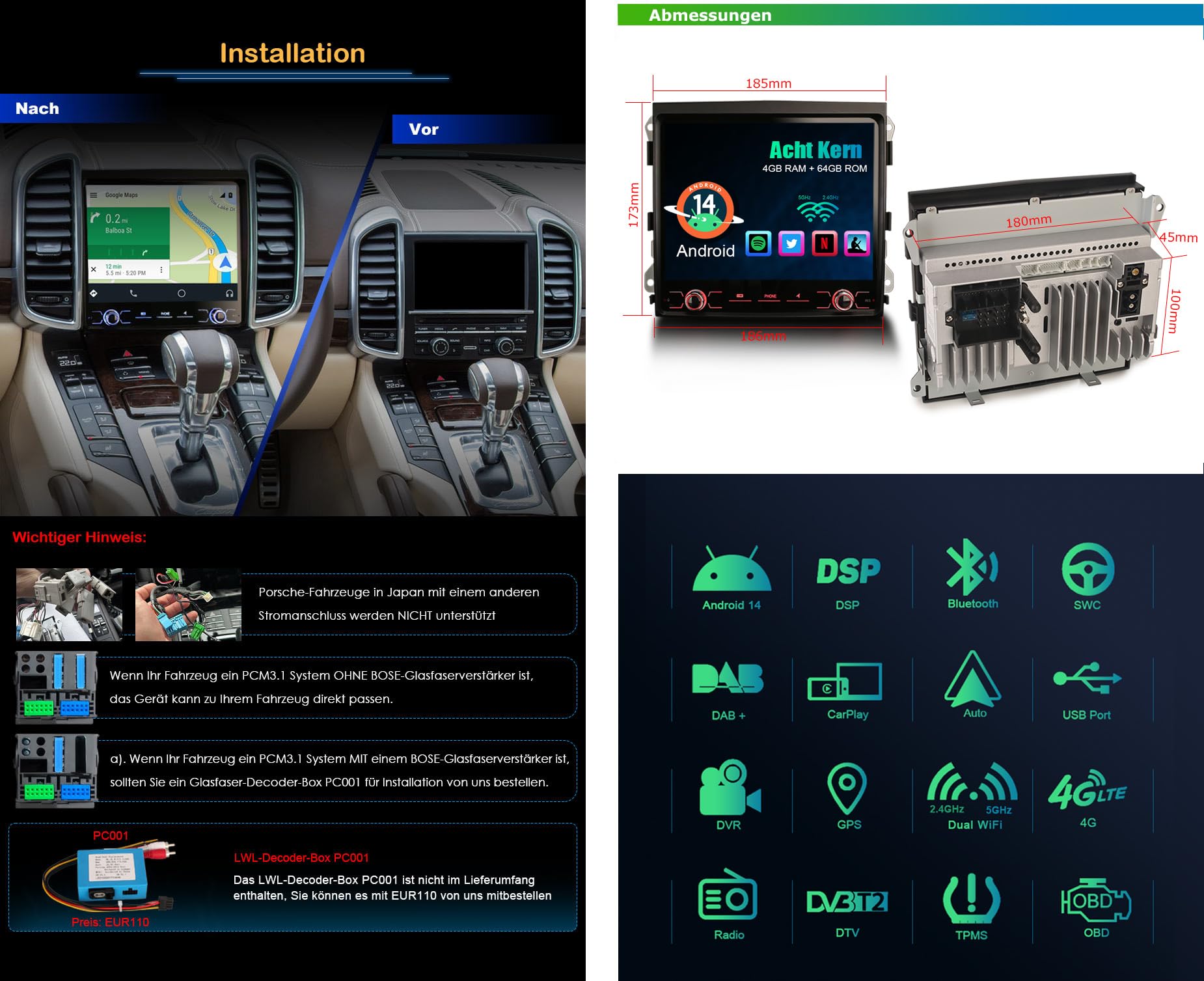 Autoradio Android 14 Per Porsche Cayenne 2010-2017: Navi GPS, Wireless CarPlay, 8 Core