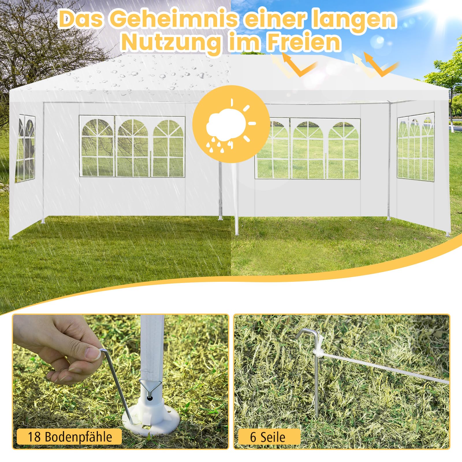 COSTWAY Paviljoen 3 x 6 m, tuinpaviljoen met 6 afneembare zijwanden en ramen, partytent, feesttent, tuintent, uv-bescherming, voor tuin, feest, bruiloft